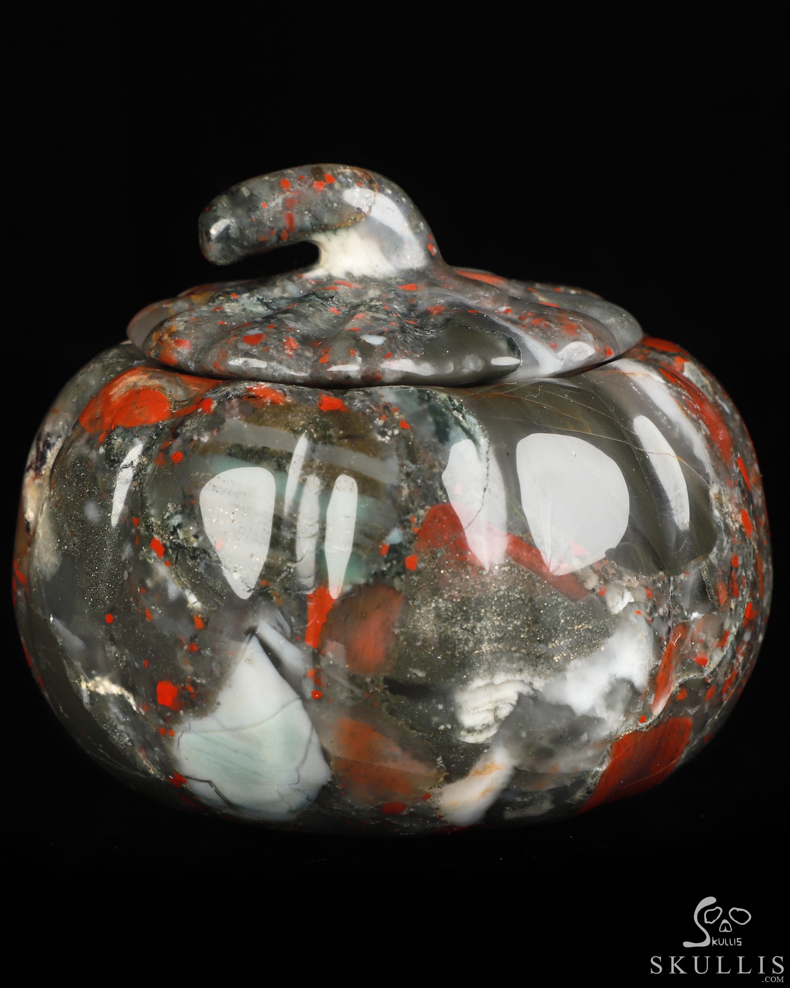 4.1" African Bloodstone Hand Carved Hollow Jack-O'-Lantern Pumpkin Crystal Skull Sculpture, Crystal Healing 4.1" African Bloodstone Hand Carved Hollow Jack-O'-Lantern Pumpkin Crystal Skull Sculpture, Crystal Healing