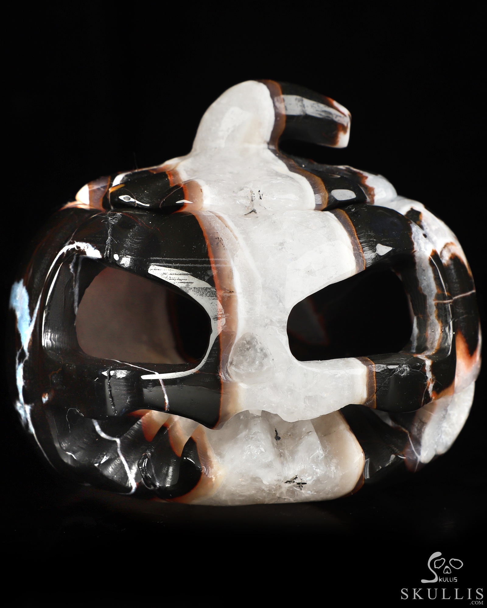4.1" Black Zebra Agate Hand Carved Hollow Jack-O'-Lantern Pumpkin Crystal Skull Sculpture, Crystal Healing 4.1" Black Zebra Agate Hand Carved Hollow Jack-O'-Lantern Pumpkin Crystal Skull Sculpture, Crystal Healing