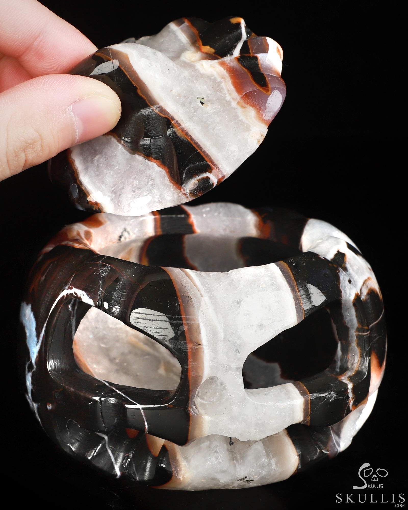 4.1" Black Zebra Agate Hand Carved Hollow Jack-O'-Lantern Pumpkin Crystal Skull Sculpture, Crystal Healing 4.1" Black Zebra Agate Hand Carved Hollow Jack-O'-Lantern Pumpkin Crystal Skull Sculpture, Crystal Healing