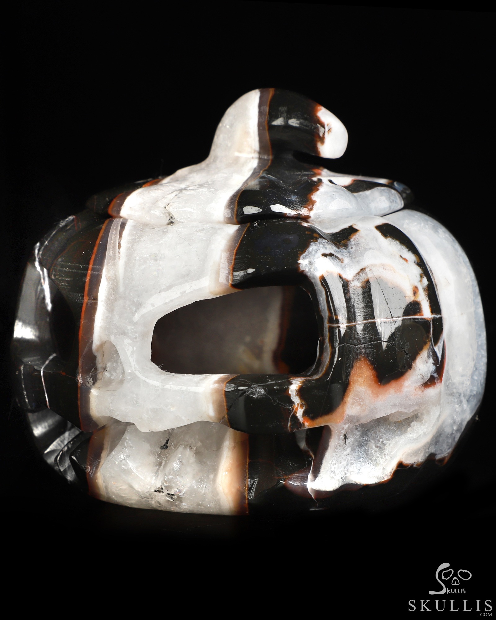 4.1" Black Zebra Agate Hand Carved Hollow Jack-O'-Lantern Pumpkin Crystal Skull Sculpture, Crystal Healing 4.1" Black Zebra Agate Hand Carved Hollow Jack-O'-Lantern Pumpkin Crystal Skull Sculpture, Crystal Healing
