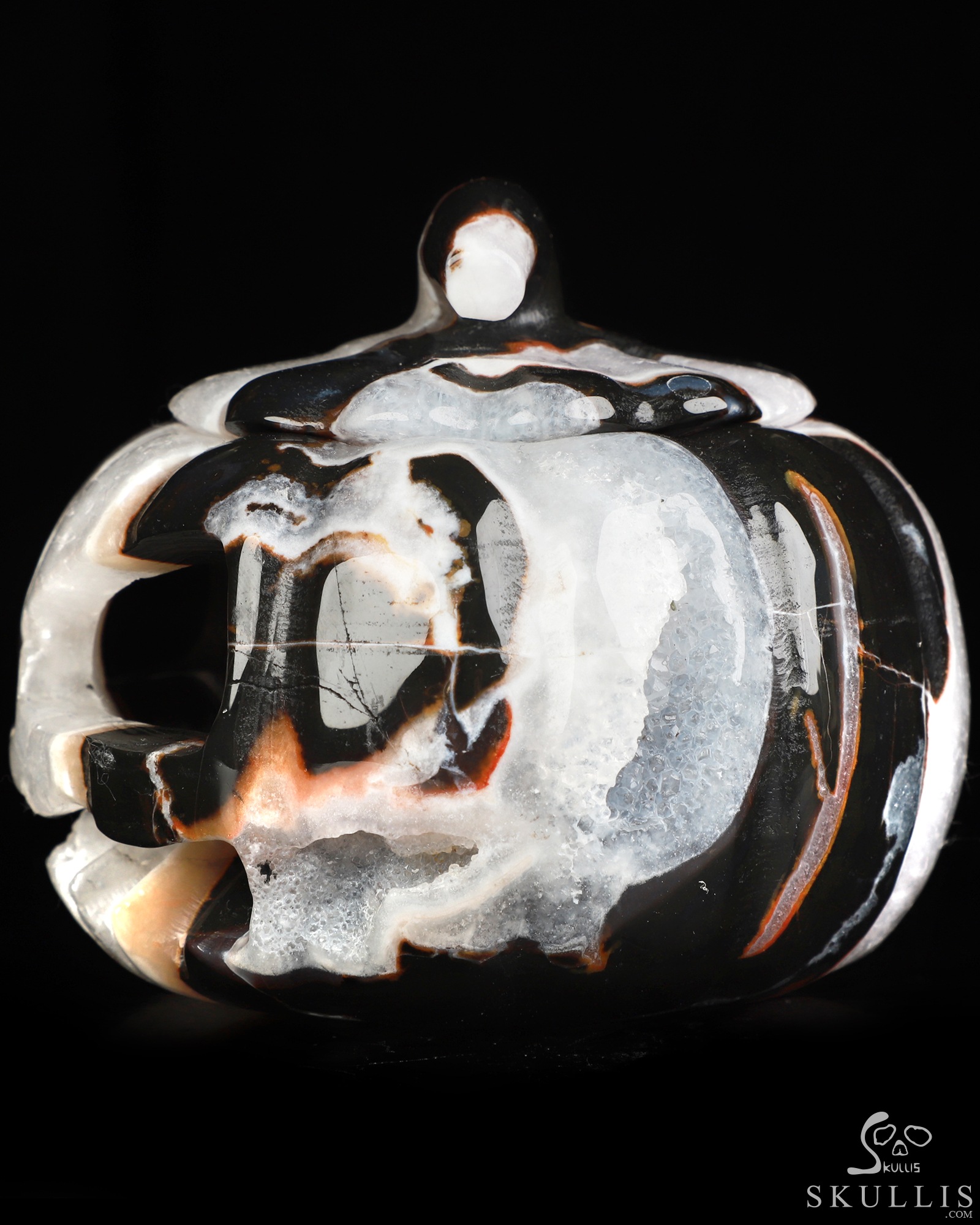 4.1" Black Zebra Agate Hand Carved Hollow Jack-O'-Lantern Pumpkin Crystal Skull Sculpture, Crystal Healing 4.1" Black Zebra Agate Hand Carved Hollow Jack-O'-Lantern Pumpkin Crystal Skull Sculpture, Crystal Healing