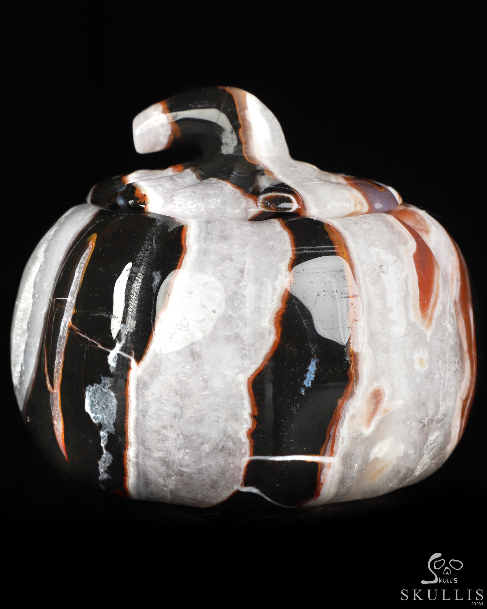 4.1" Black Zebra Agate Hand Carved Hollow Jack-O'-Lantern Pumpkin Crystal Skull Sculpture, Crystal Healing 4.1" Black Zebra Agate Hand Carved Hollow Jack-O'-Lantern Pumpkin Crystal Skull Sculpture, Crystal Healing