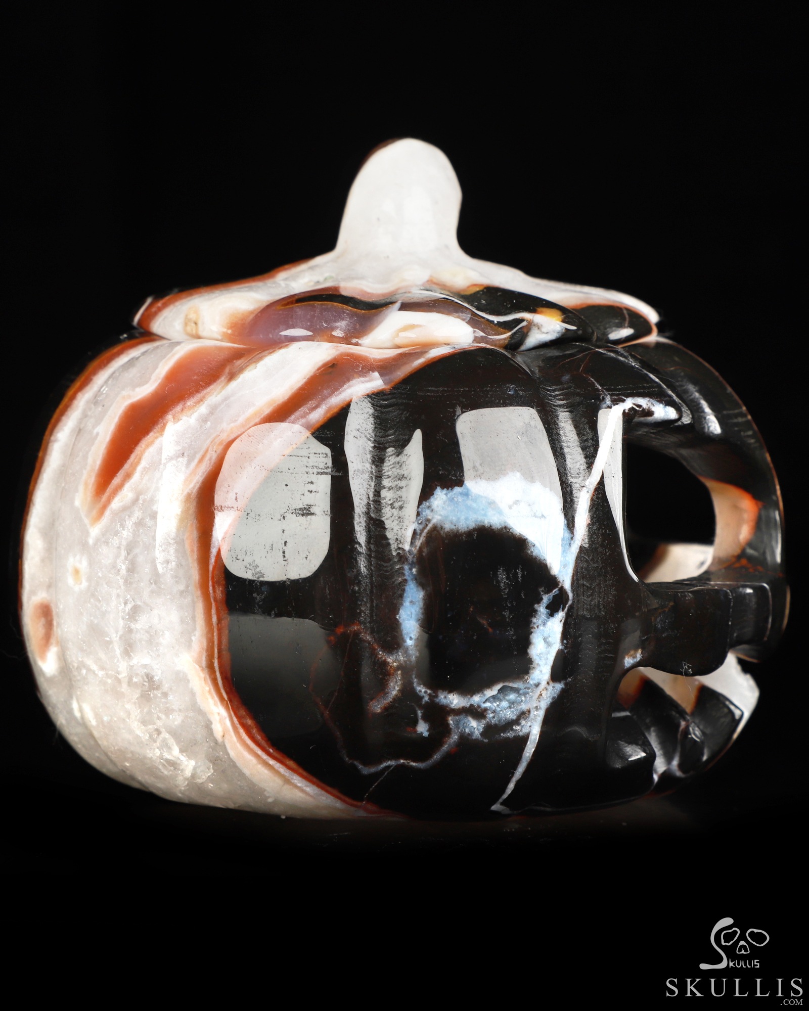 4.1" Black Zebra Agate Hand Carved Hollow Jack-O'-Lantern Pumpkin Crystal Skull Sculpture, Crystal Healing 4.1" Black Zebra Agate Hand Carved Hollow Jack-O'-Lantern Pumpkin Crystal Skull Sculpture, Crystal Healing