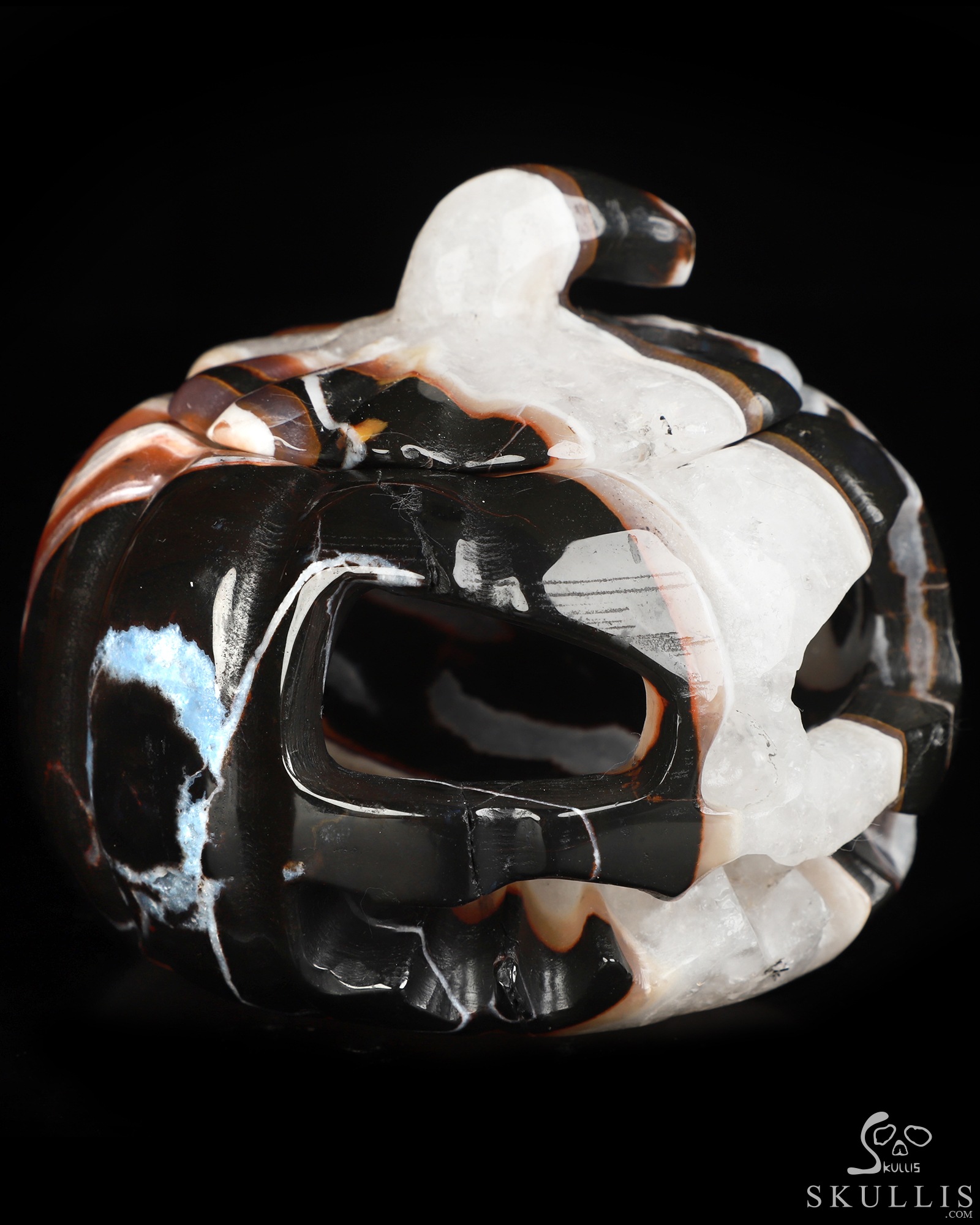 4.1" Black Zebra Agate Hand Carved Hollow Jack-O'-Lantern Pumpkin Crystal Skull Sculpture, Crystal Healing 4.1" Black Zebra Agate Hand Carved Hollow Jack-O'-Lantern Pumpkin Crystal Skull Sculpture, Crystal Healing