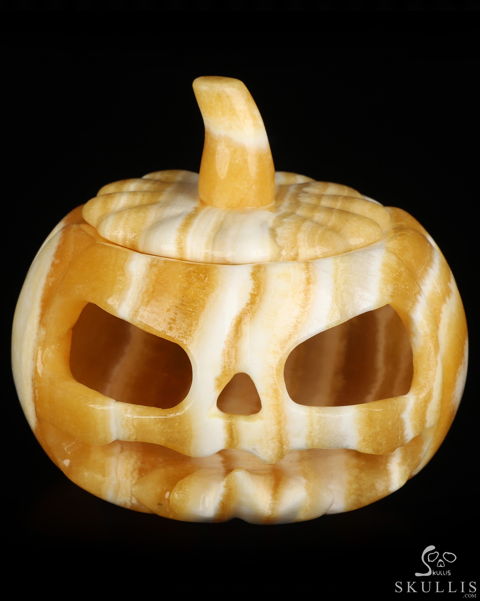 4.1" Beeswax Jade Hand Carved Hollow Jack-O'-Lantern Pumpkin Crystal Skull Sculpture, Crystal Healing 4.1" Beeswax Jade Hand Carved Hollow Jack-O'-Lantern Pumpkin Crystal Skull Sculpture, Crystal Healing