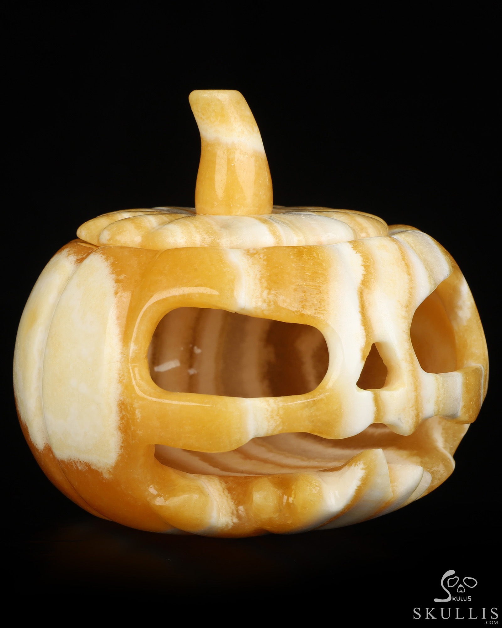 4.1" Beeswax Jade Hand Carved Hollow Jack-O'-Lantern Pumpkin Crystal Skull Sculpture, Crystal Healing 4.1" Beeswax Jade Hand Carved Hollow Jack-O'-Lantern Pumpkin Crystal Skull Sculpture, Crystal Healing