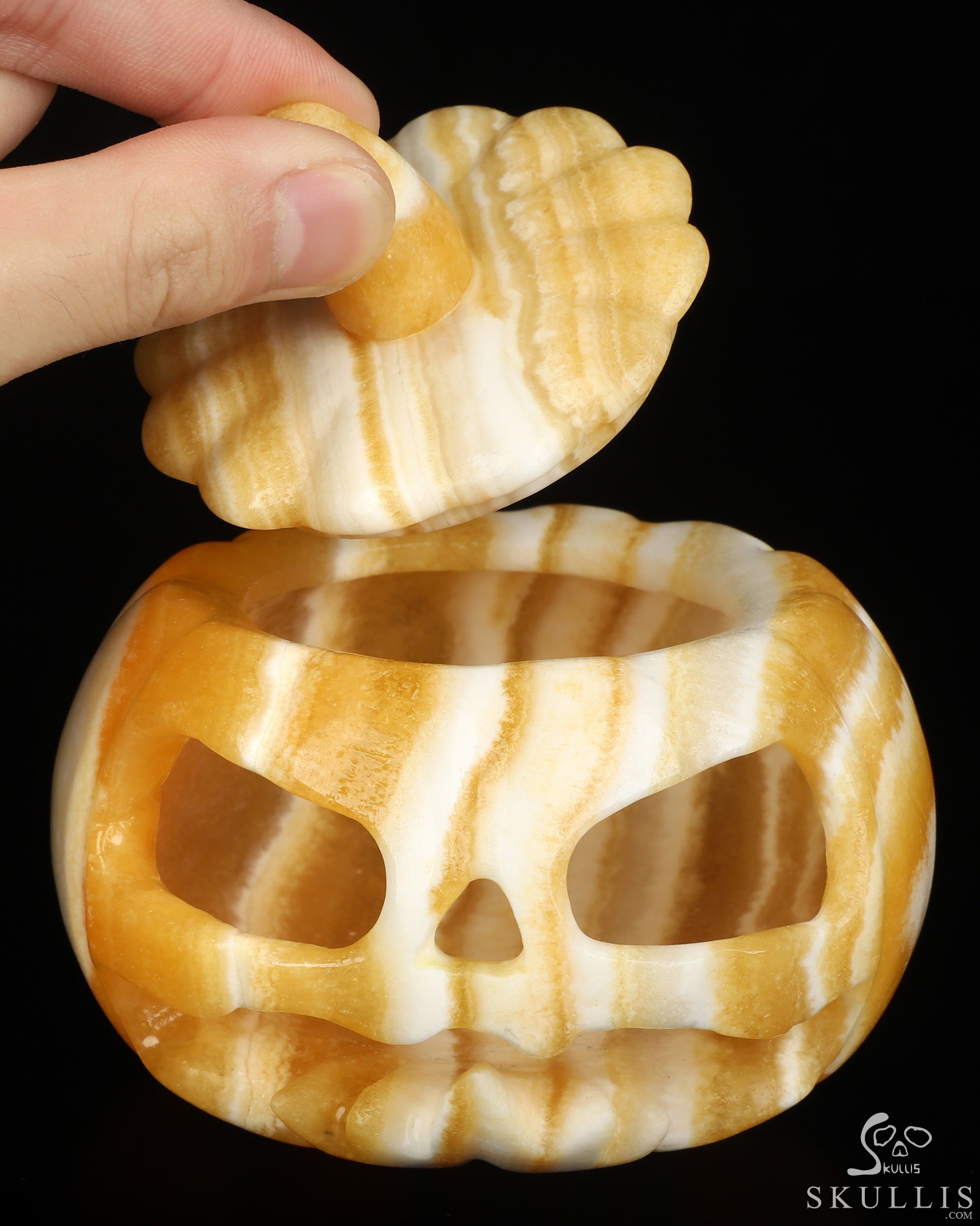 4.1" Beeswax Jade Hand Carved Hollow Jack-O'-Lantern Pumpkin Crystal Skull Sculpture, Crystal Healing 4.1" Beeswax Jade Hand Carved Hollow Jack-O'-Lantern Pumpkin Crystal Skull Sculpture, Crystal Healing