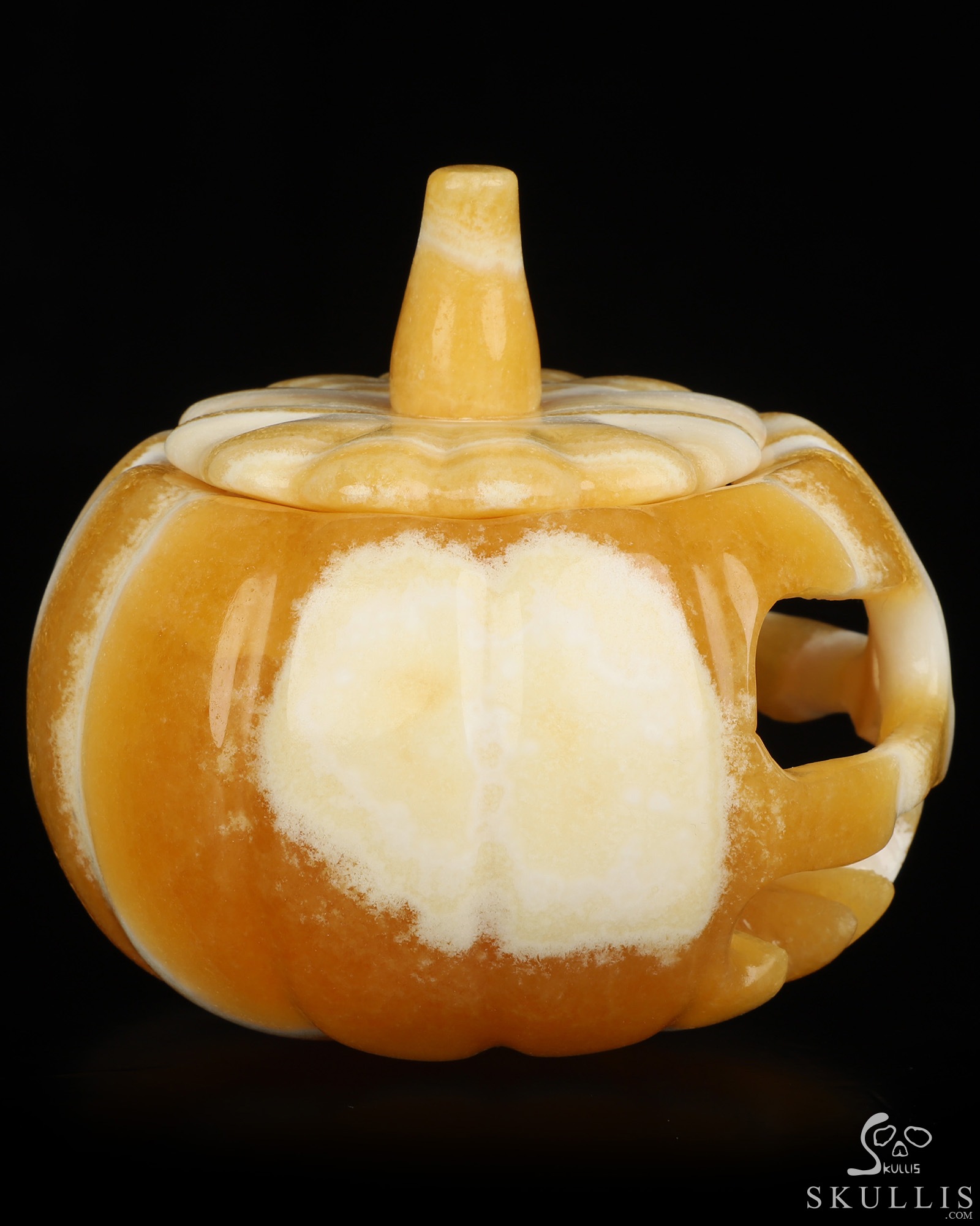 4.1" Beeswax Jade Hand Carved Hollow Jack-O'-Lantern Pumpkin Crystal Skull Sculpture, Crystal Healing 4.1" Beeswax Jade Hand Carved Hollow Jack-O'-Lantern Pumpkin Crystal Skull Sculpture, Crystal Healing