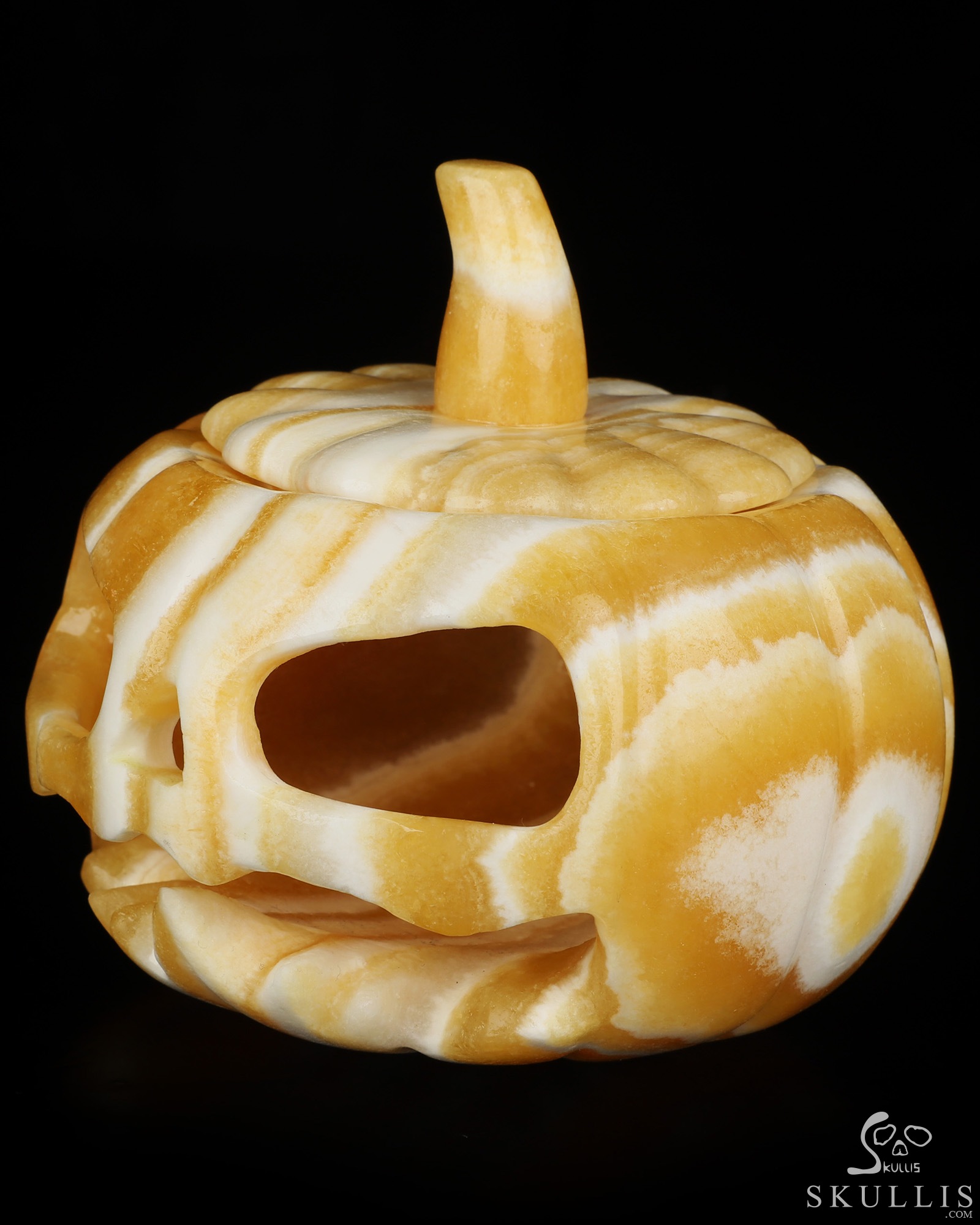 4.1" Beeswax Jade Hand Carved Hollow Jack-O'-Lantern Pumpkin Crystal Skull Sculpture, Crystal Healing 4.1" Beeswax Jade Hand Carved Hollow Jack-O'-Lantern Pumpkin Crystal Skull Sculpture, Crystal Healing