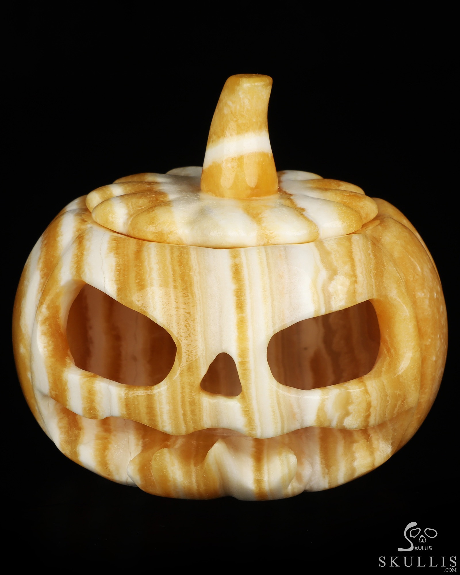 4.1" Beeswax Jade Hand Carved Hollow Jack-O'-Lantern Pumpkin Crystal Skull Sculpture, Crystal Healing 4.1" Beeswax Jade Hand Carved Hollow Jack-O'-Lantern Pumpkin Crystal Skull Sculpture, Crystal Healing