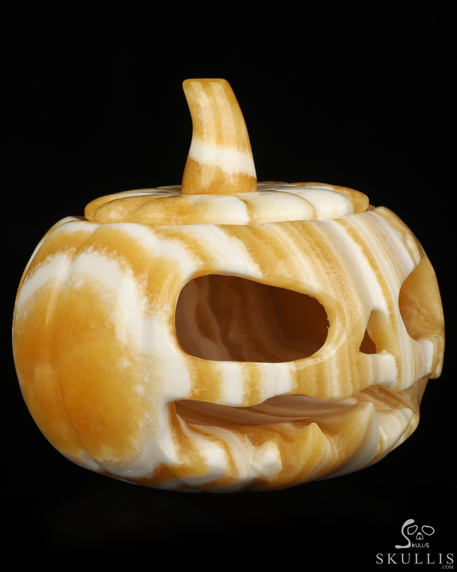4.1" Beeswax Jade Hand Carved Hollow Jack-O'-Lantern Pumpkin Crystal Skull Sculpture, Crystal Healing 4.1" Beeswax Jade Hand Carved Hollow Jack-O'-Lantern Pumpkin Crystal Skull Sculpture, Crystal Healing