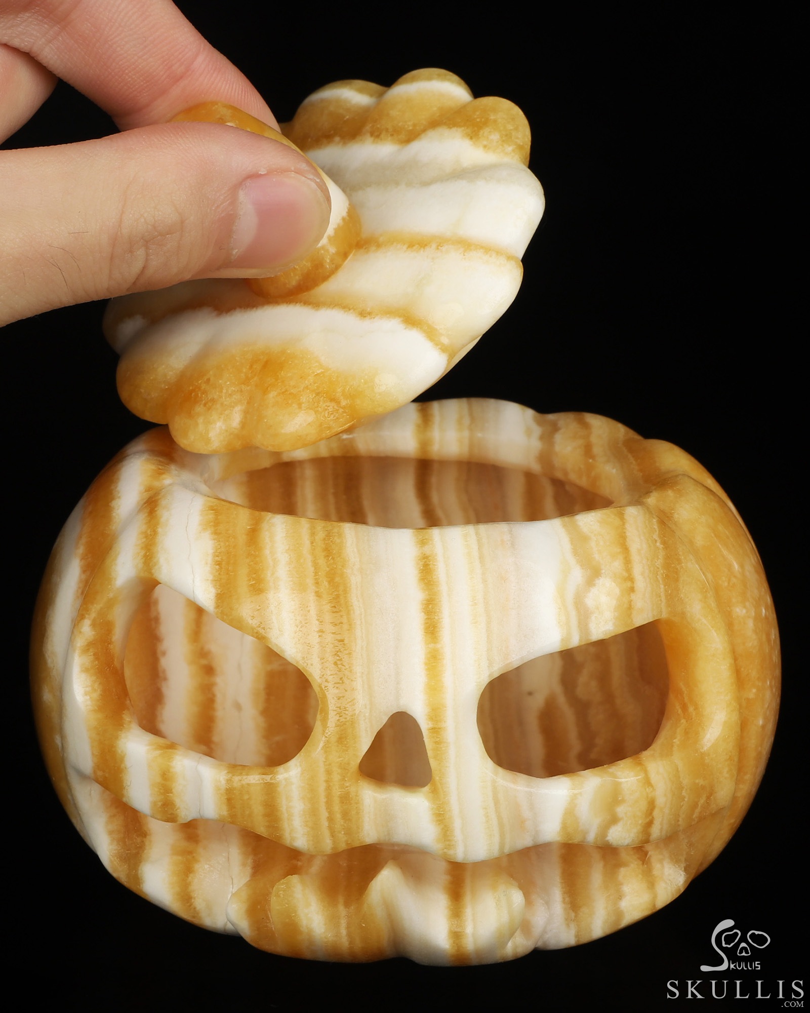 4.1" Beeswax Jade Hand Carved Hollow Jack-O'-Lantern Pumpkin Crystal Skull Sculpture, Crystal Healing 4.1" Beeswax Jade Hand Carved Hollow Jack-O'-Lantern Pumpkin Crystal Skull Sculpture, Crystal Healing