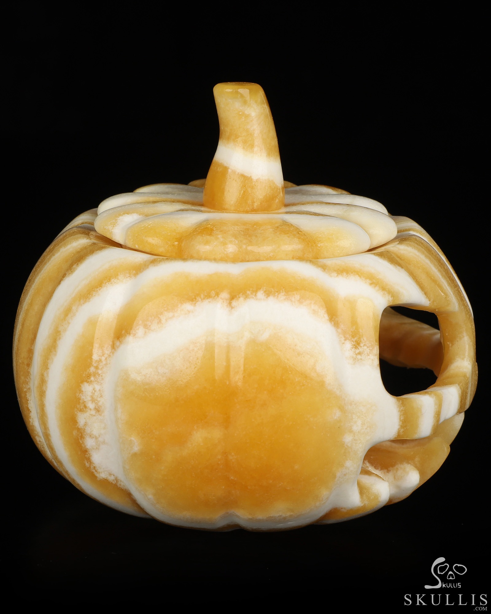4.1" Beeswax Jade Hand Carved Hollow Jack-O'-Lantern Pumpkin Crystal Skull Sculpture, Crystal Healing 4.1" Beeswax Jade Hand Carved Hollow Jack-O'-Lantern Pumpkin Crystal Skull Sculpture, Crystal Healing