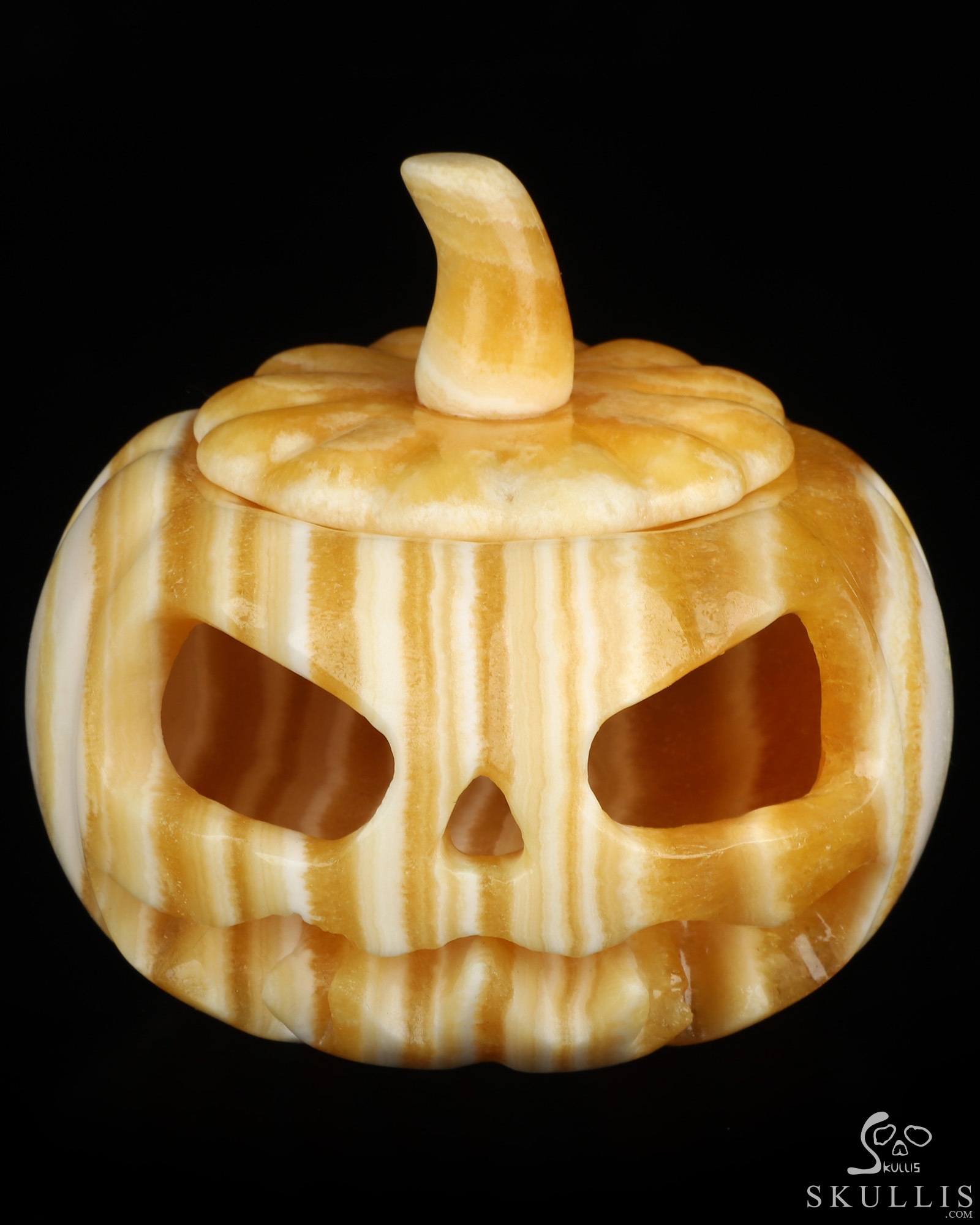 4.1" Beeswax Jade Hand Carved Hollow Jack-O'-Lantern Pumpkin Crystal Skull Sculpture, Crystal Healing 4.1" Beeswax Jade Hand Carved Hollow Jack-O'-Lantern Pumpkin Crystal Skull Sculpture, Crystal Healing