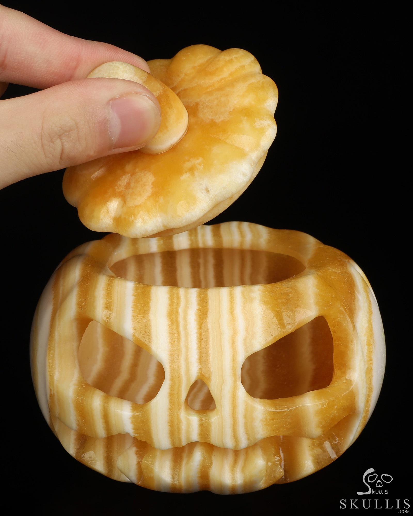 4.1" Beeswax Jade Hand Carved Hollow Jack-O'-Lantern Pumpkin Crystal Skull Sculpture, Crystal Healing 4.1" Beeswax Jade Hand Carved Hollow Jack-O'-Lantern Pumpkin Crystal Skull Sculpture, Crystal Healing