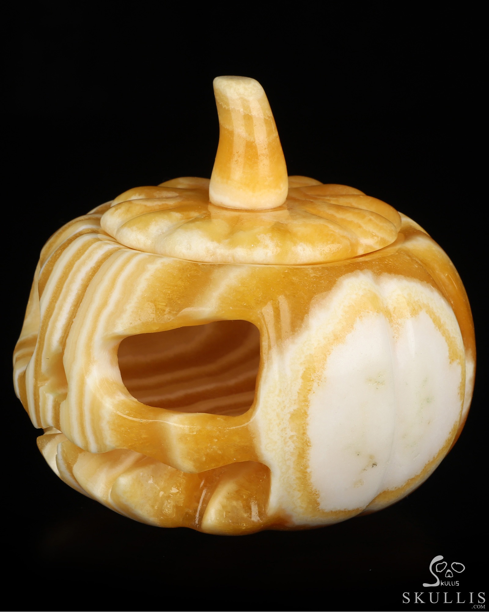 4.1" Beeswax Jade Hand Carved Hollow Jack-O'-Lantern Pumpkin Crystal Skull Sculpture, Crystal Healing 4.1" Beeswax Jade Hand Carved Hollow Jack-O'-Lantern Pumpkin Crystal Skull Sculpture, Crystal Healing