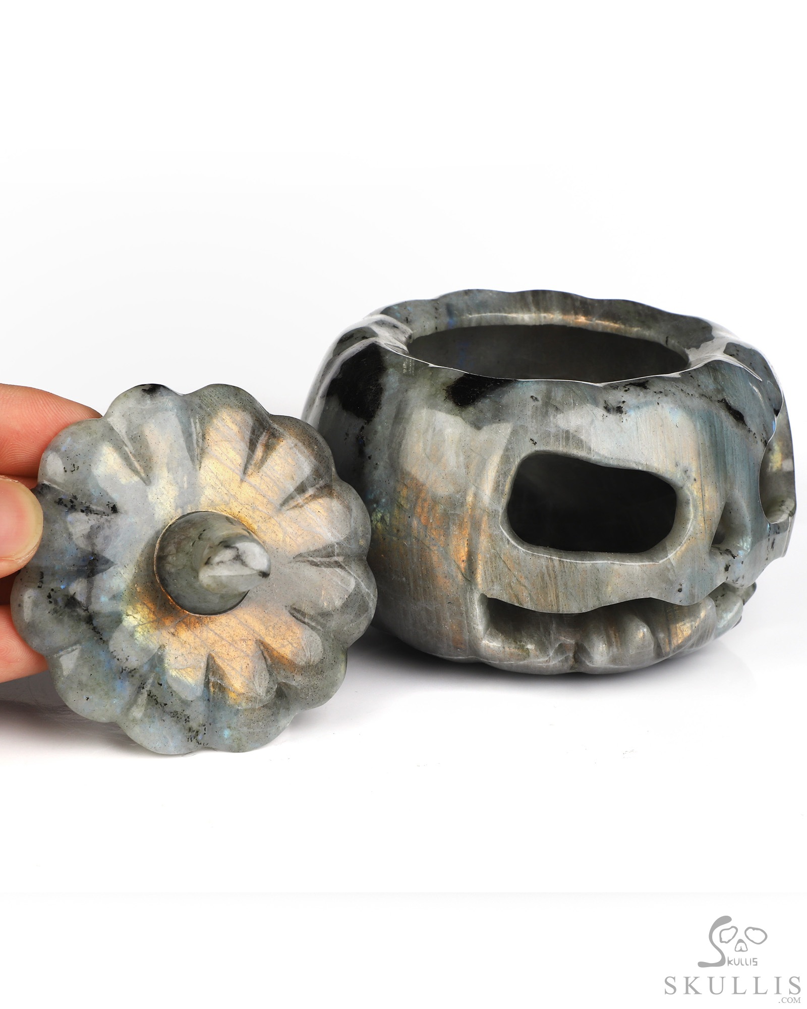 4.1" Labradorite Hand Carved Hollow Jack-O'-Lantern Pumpkin Crystal Skull Sculpture, Crystal Healing 4.1" Labradorite Hand Carved Hollow Jack-O'-Lantern Pumpkin Crystal Skull Sculpture, Crystal Healing