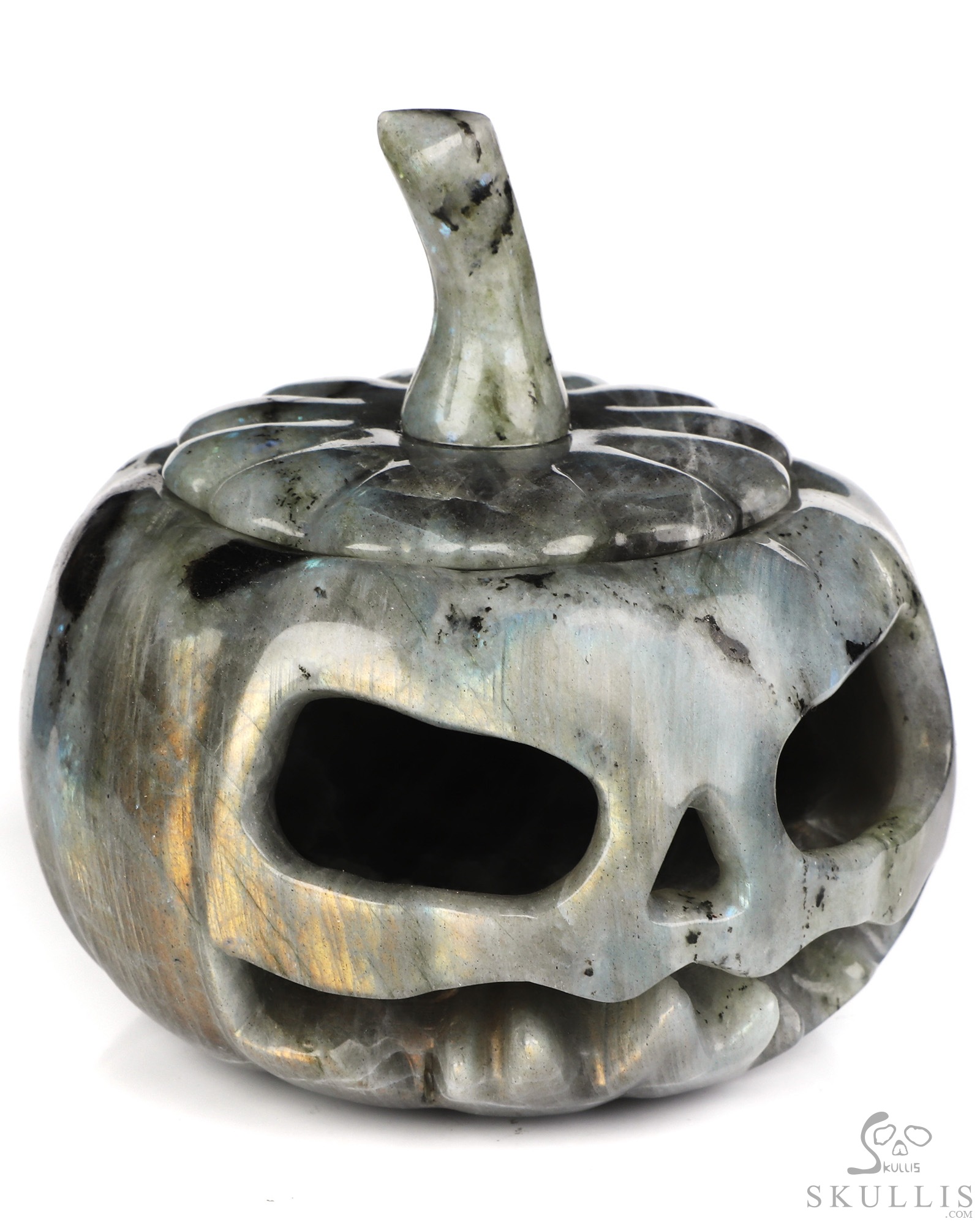 4.1" Labradorite Hand Carved Hollow Jack-O'-Lantern Pumpkin Crystal Skull Sculpture, Crystal Healing 4.1" Labradorite Hand Carved Hollow Jack-O'-Lantern Pumpkin Crystal Skull Sculpture, Crystal Healing