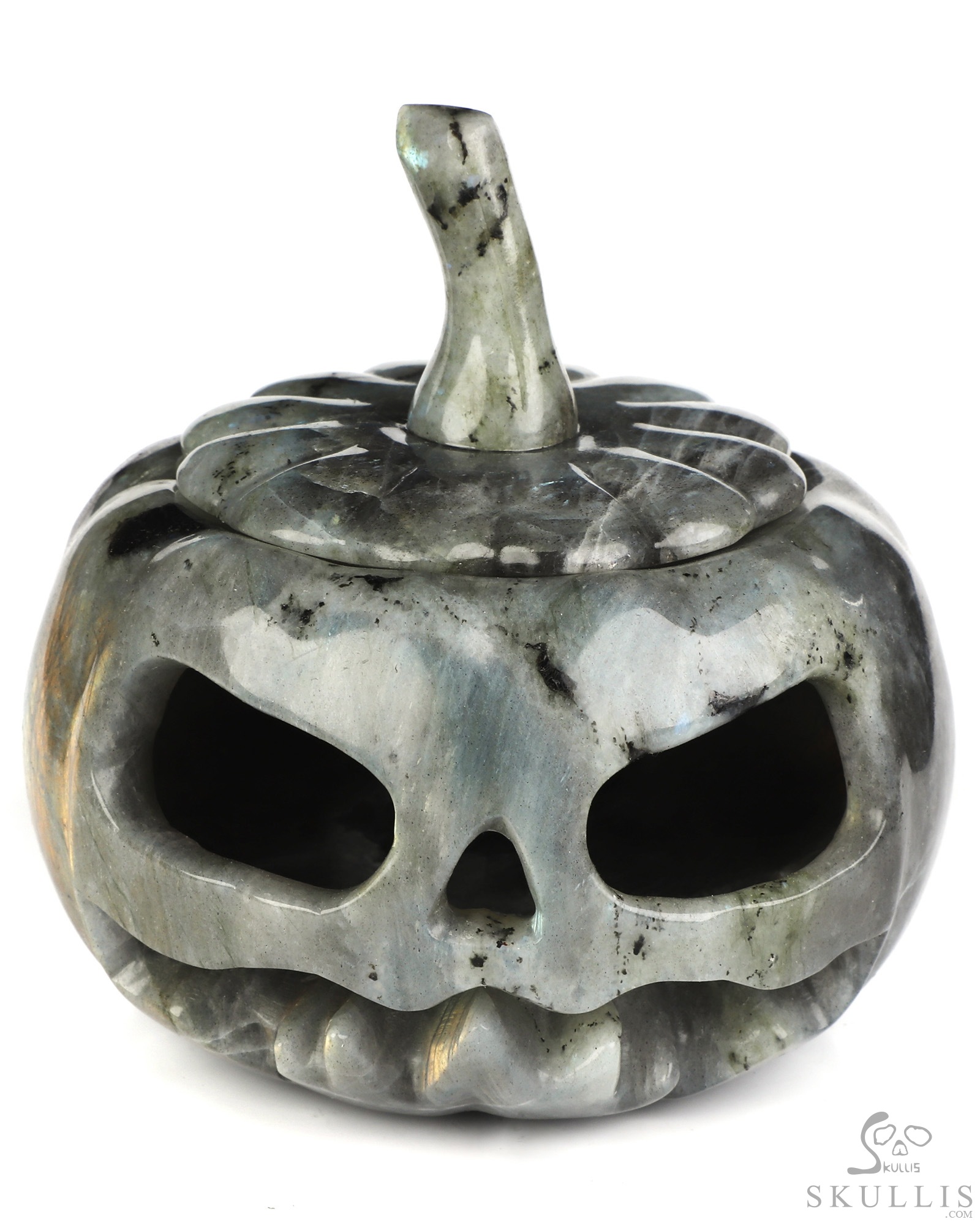 4.1" Labradorite Hand Carved Hollow Jack-O'-Lantern Pumpkin Crystal Skull Sculpture, Crystal Healing 4.1" Labradorite Hand Carved Hollow Jack-O'-Lantern Pumpkin Crystal Skull Sculpture, Crystal Healing