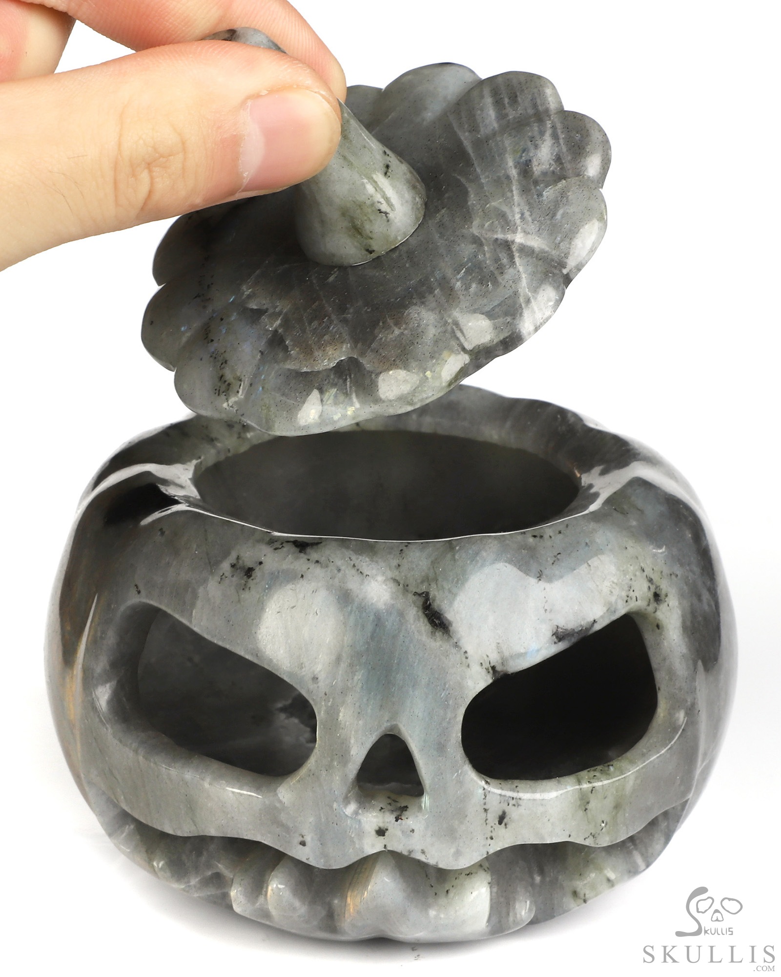 4.1" Labradorite Hand Carved Hollow Jack-O'-Lantern Pumpkin Crystal Skull Sculpture, Crystal Healing 4.1" Labradorite Hand Carved Hollow Jack-O'-Lantern Pumpkin Crystal Skull Sculpture, Crystal Healing