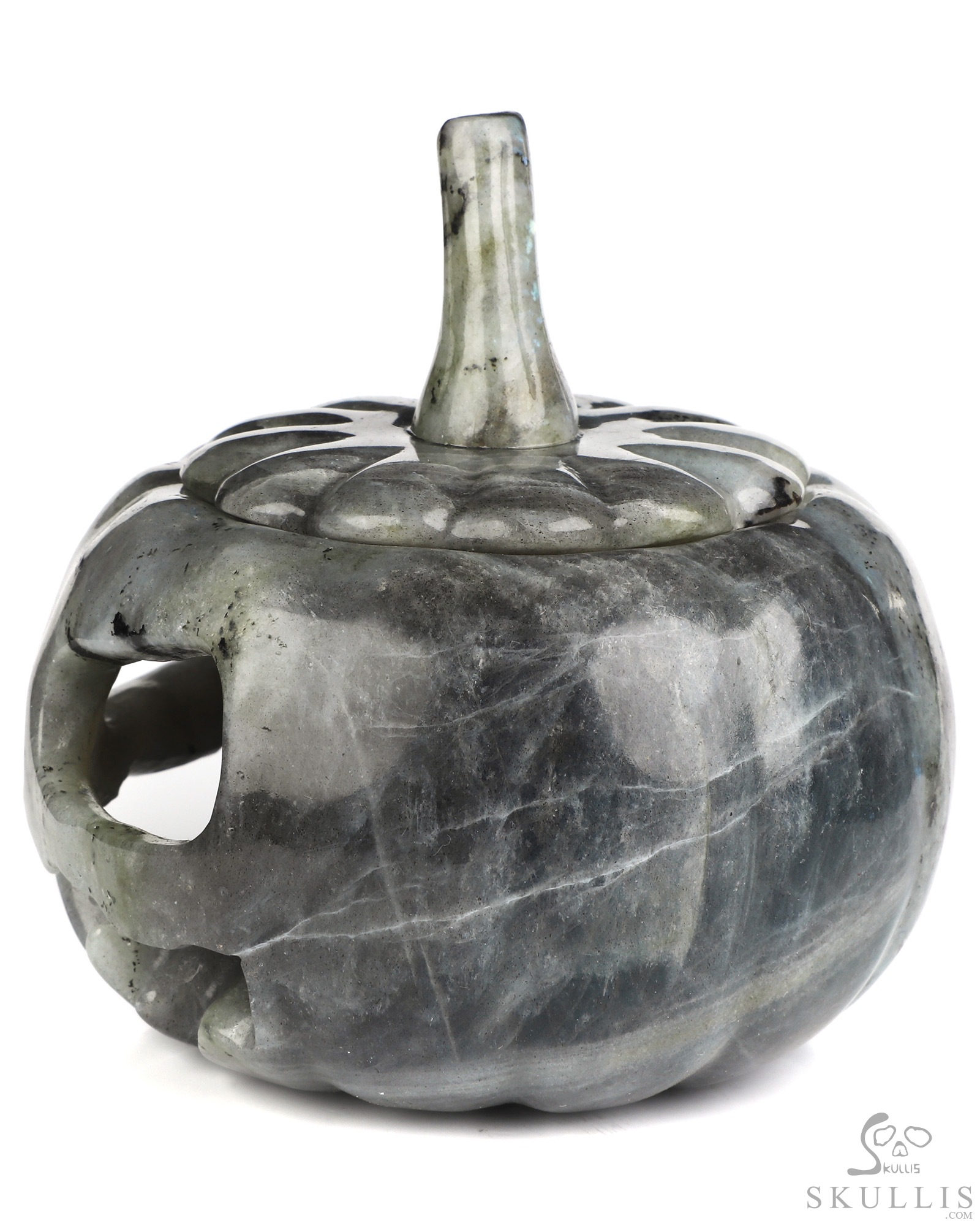 4.1" Labradorite Hand Carved Hollow Jack-O'-Lantern Pumpkin Crystal Skull Sculpture, Crystal Healing 4.1" Labradorite Hand Carved Hollow Jack-O'-Lantern Pumpkin Crystal Skull Sculpture, Crystal Healing
