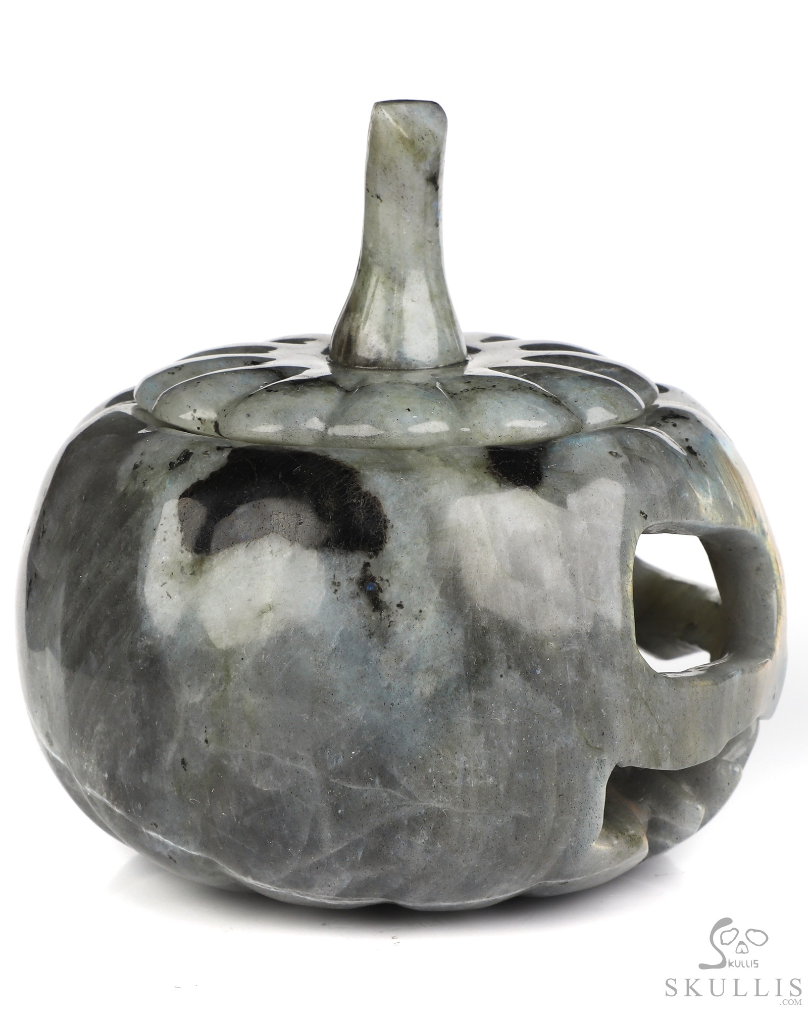 4.1" Labradorite Hand Carved Hollow Jack-O'-Lantern Pumpkin Crystal Skull Sculpture, Crystal Healing 4.1" Labradorite Hand Carved Hollow Jack-O'-Lantern Pumpkin Crystal Skull Sculpture, Crystal Healing