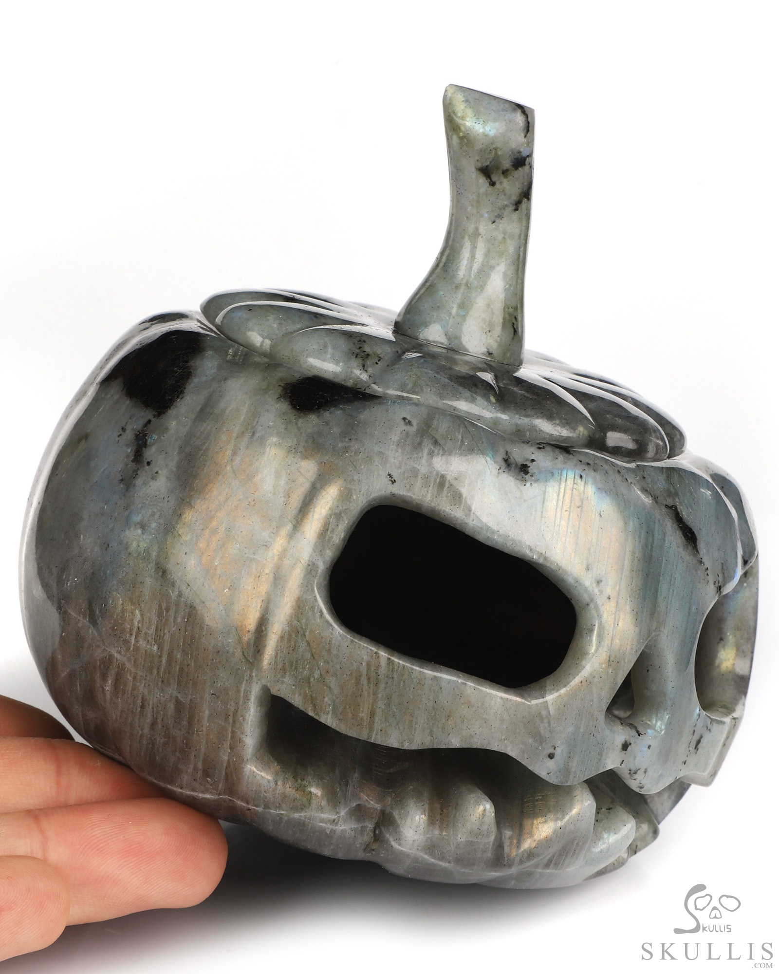 4.1" Labradorite Hand Carved Hollow Jack-O'-Lantern Pumpkin Crystal Skull Sculpture, Crystal Healing 4.1" Labradorite Hand Carved Hollow Jack-O'-Lantern Pumpkin Crystal Skull Sculpture, Crystal Healing