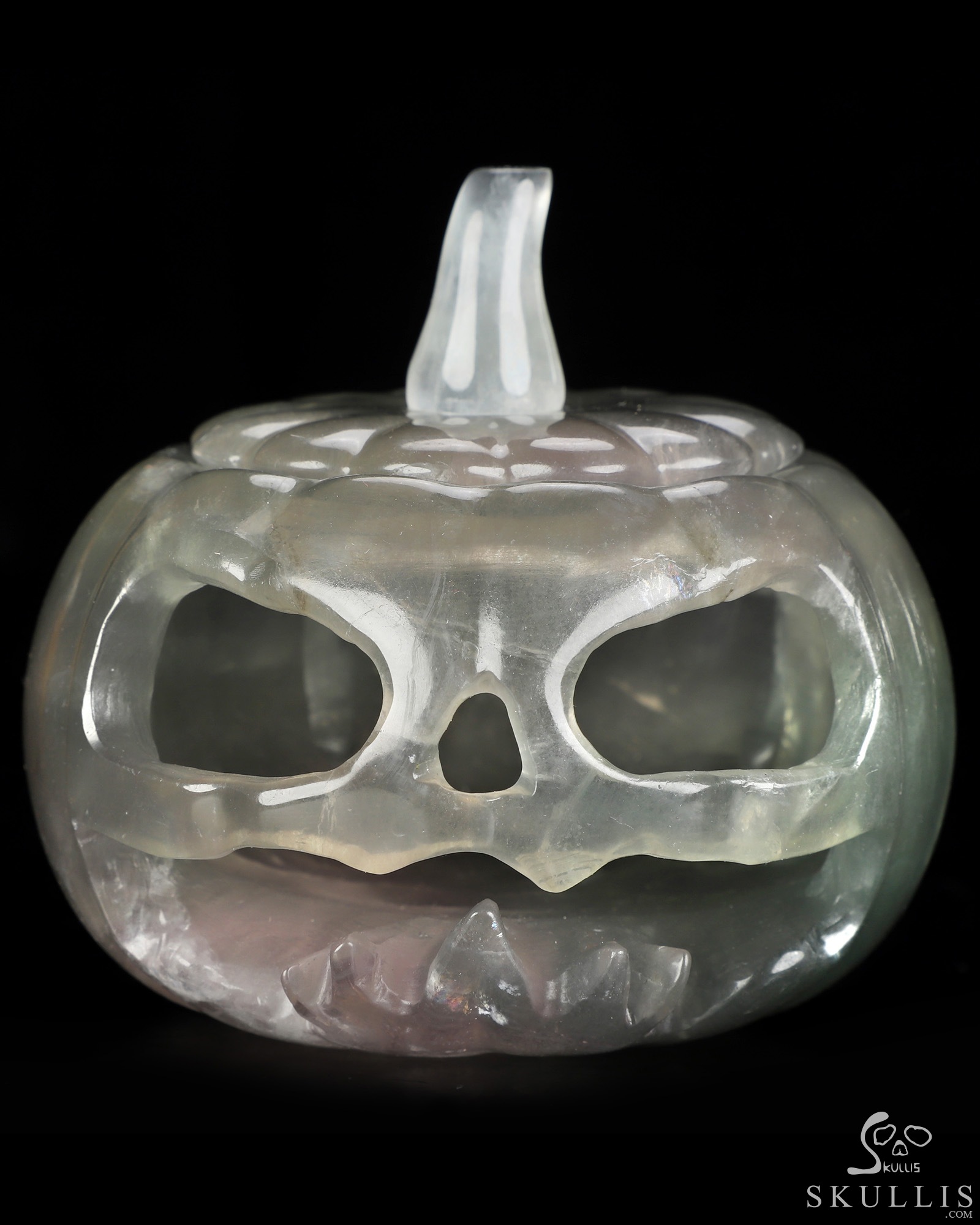 4.1" Fluorite Hand Carved Hollow Jack-O'-Lantern Pumpkin Crystal Skull Sculpture, Crystal Healing 4.1" Fluorite Hand Carved Hollow Jack-O'-Lantern Pumpkin Crystal Skull Sculpture, Crystal Healing