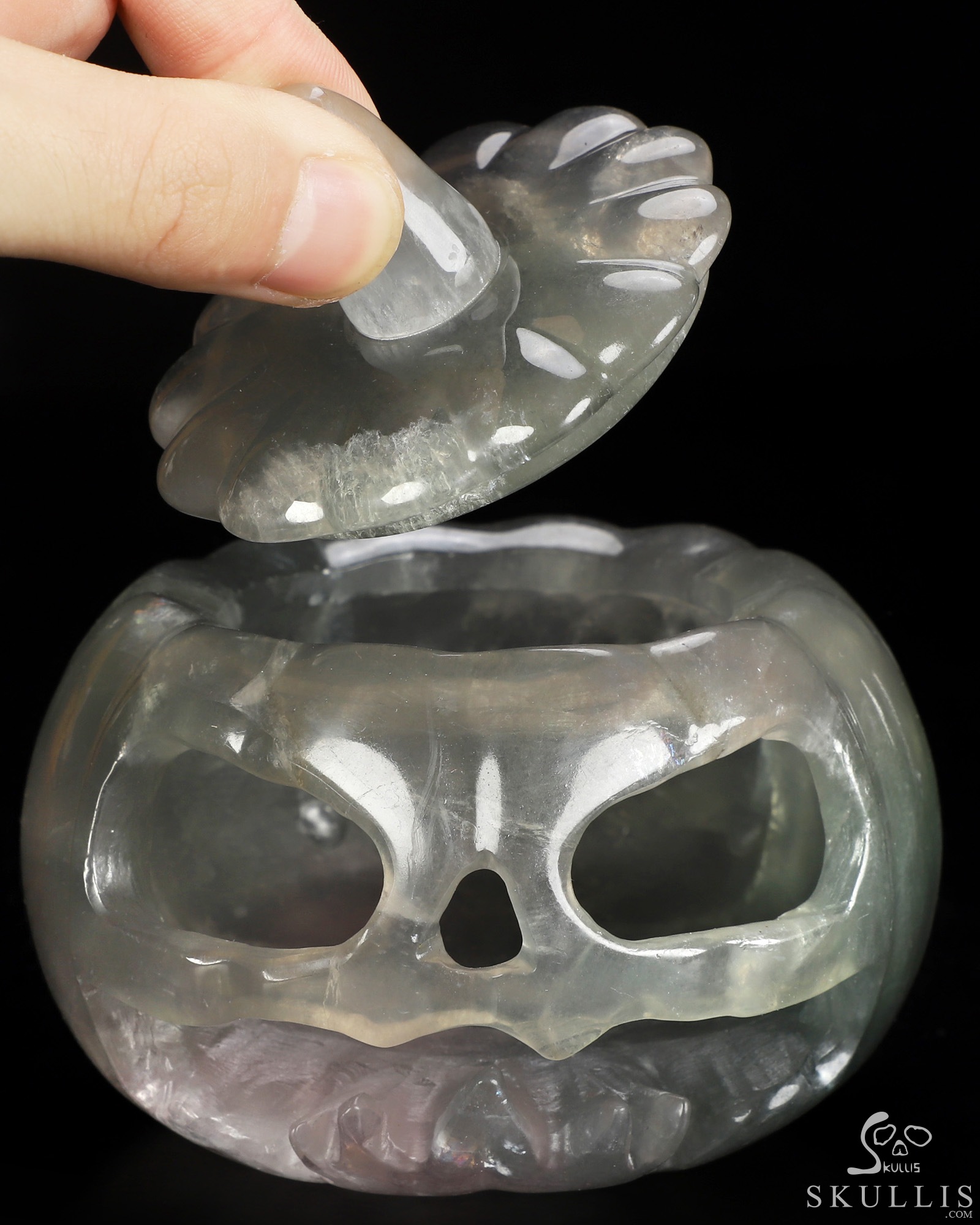4.1" Fluorite Hand Carved Hollow Jack-O'-Lantern Pumpkin Crystal Skull Sculpture, Crystal Healing 4.1" Fluorite Hand Carved Hollow Jack-O'-Lantern Pumpkin Crystal Skull Sculpture, Crystal Healing