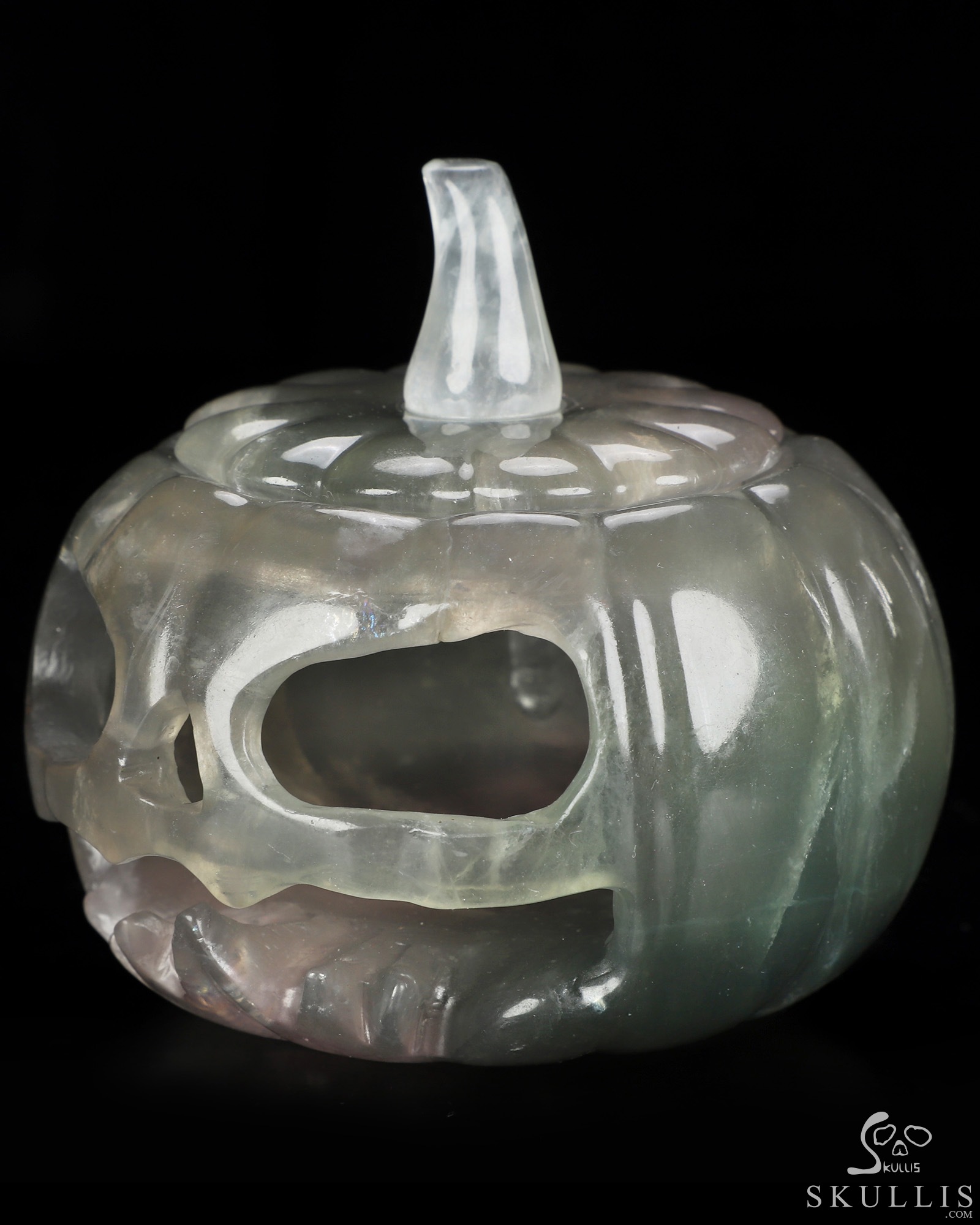 4.1" Fluorite Hand Carved Hollow Jack-O'-Lantern Pumpkin Crystal Skull Sculpture, Crystal Healing 4.1" Fluorite Hand Carved Hollow Jack-O'-Lantern Pumpkin Crystal Skull Sculpture, Crystal Healing