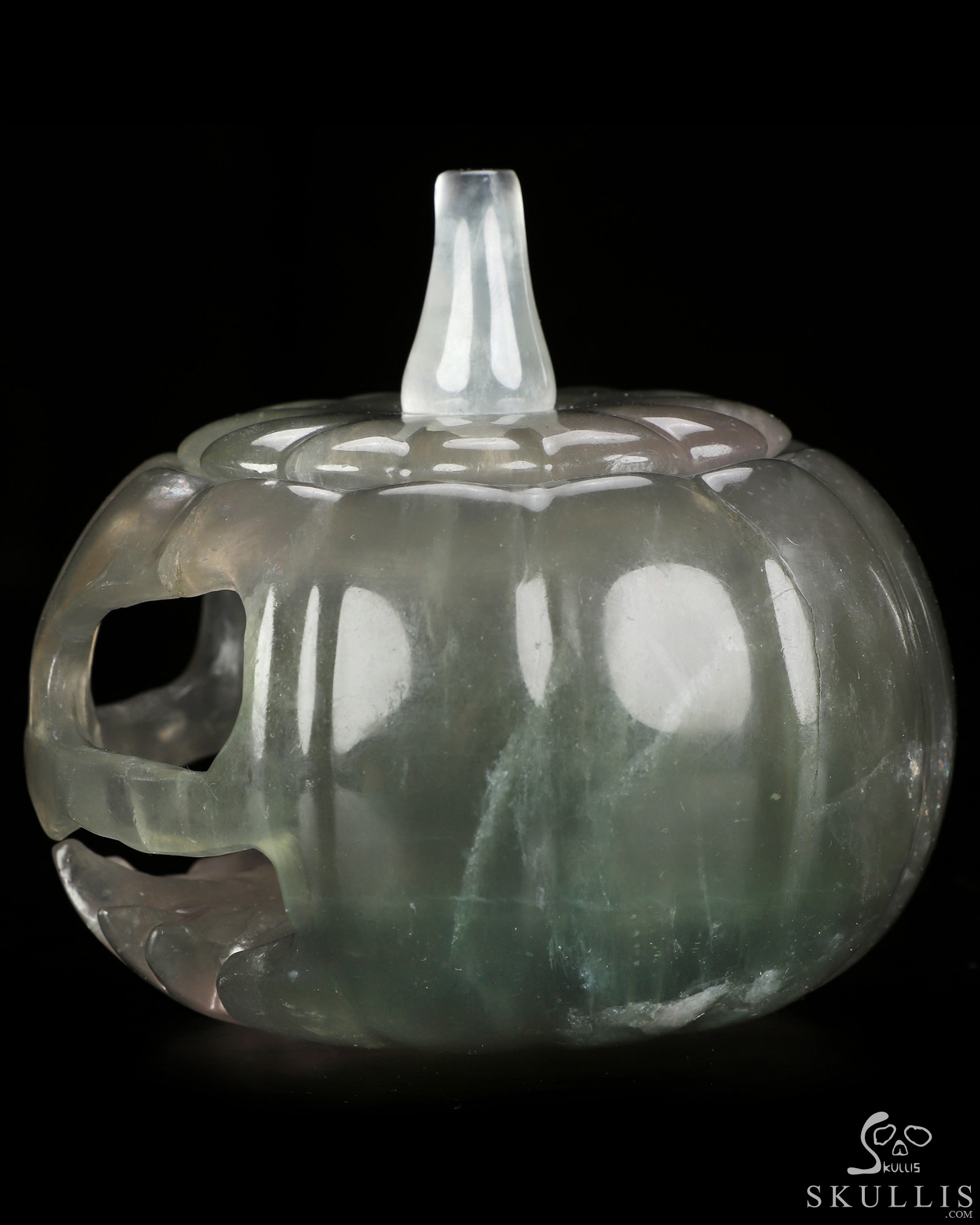 4.1" Fluorite Hand Carved Hollow Jack-O'-Lantern Pumpkin Crystal Skull Sculpture, Crystal Healing 4.1" Fluorite Hand Carved Hollow Jack-O'-Lantern Pumpkin Crystal Skull Sculpture, Crystal Healing