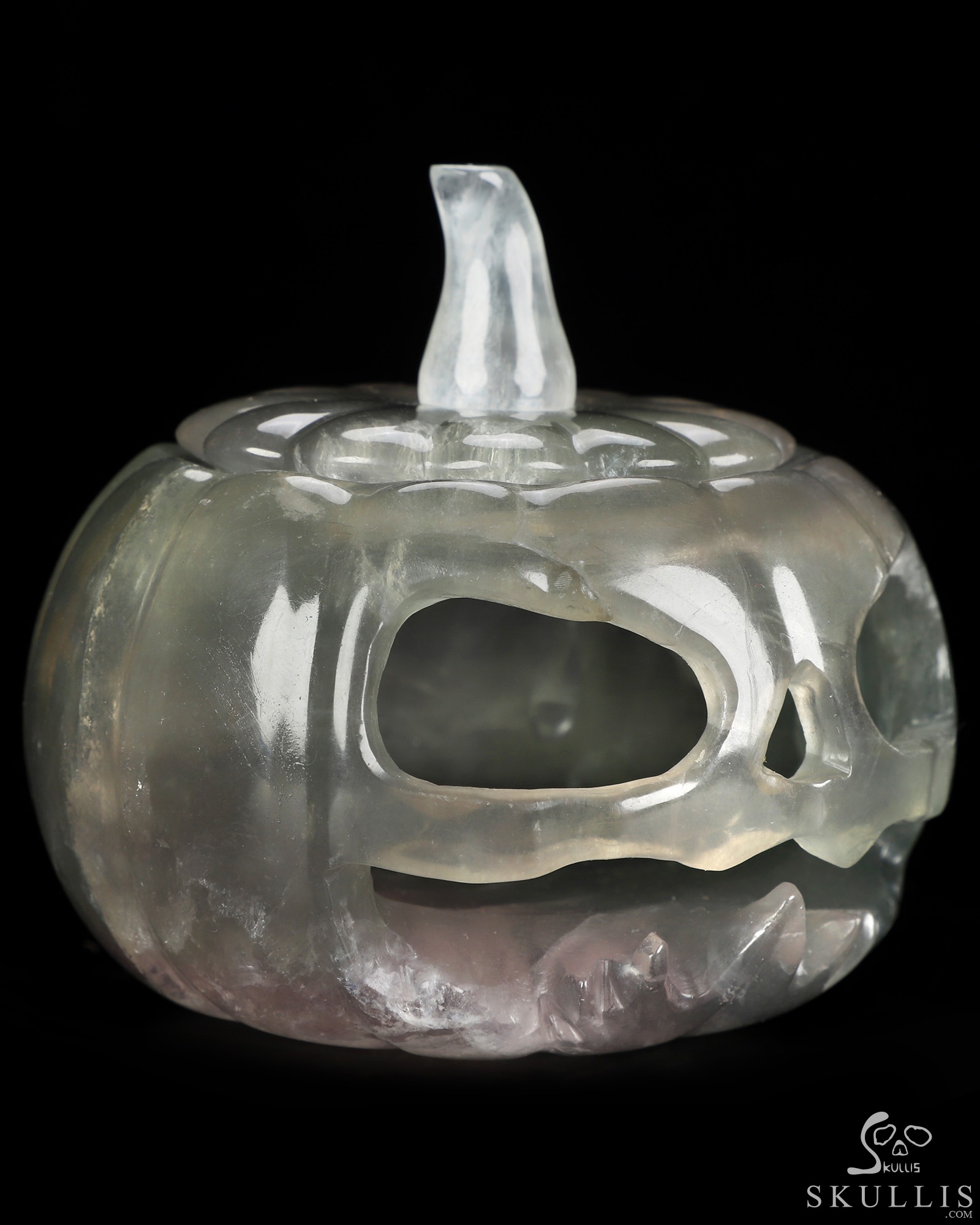 4.1" Fluorite Hand Carved Hollow Jack-O'-Lantern Pumpkin Crystal Skull Sculpture, Crystal Healing 4.1" Fluorite Hand Carved Hollow Jack-O'-Lantern Pumpkin Crystal Skull Sculpture, Crystal Healing
