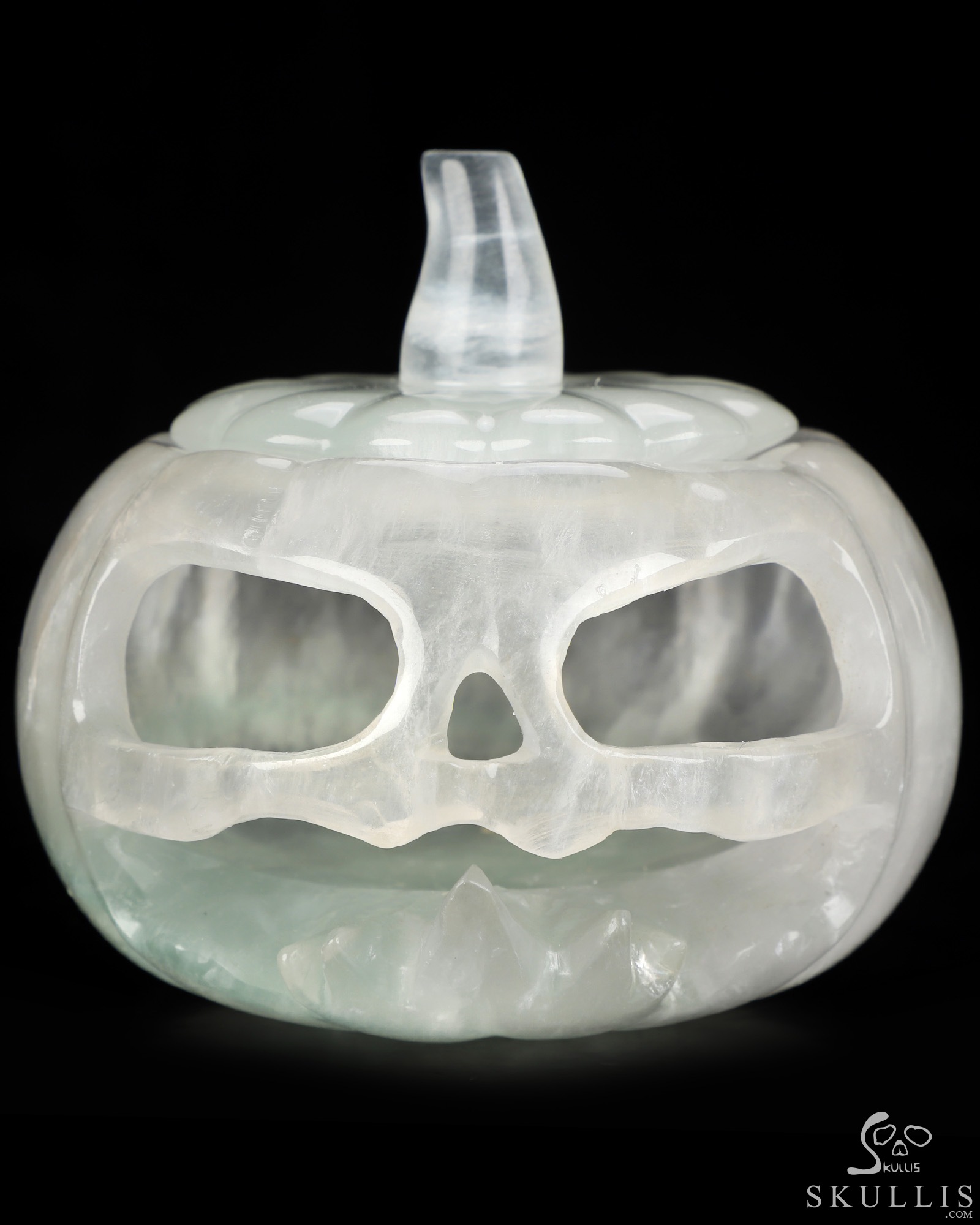 4.1" Fluorite Hand Carved Hollow Jack-O'-Lantern Pumpkin Crystal Skull Sculpture, Crystal Healing 4.1" Fluorite Hand Carved Hollow Jack-O'-Lantern Pumpkin Crystal Skull Sculpture, Crystal Healing