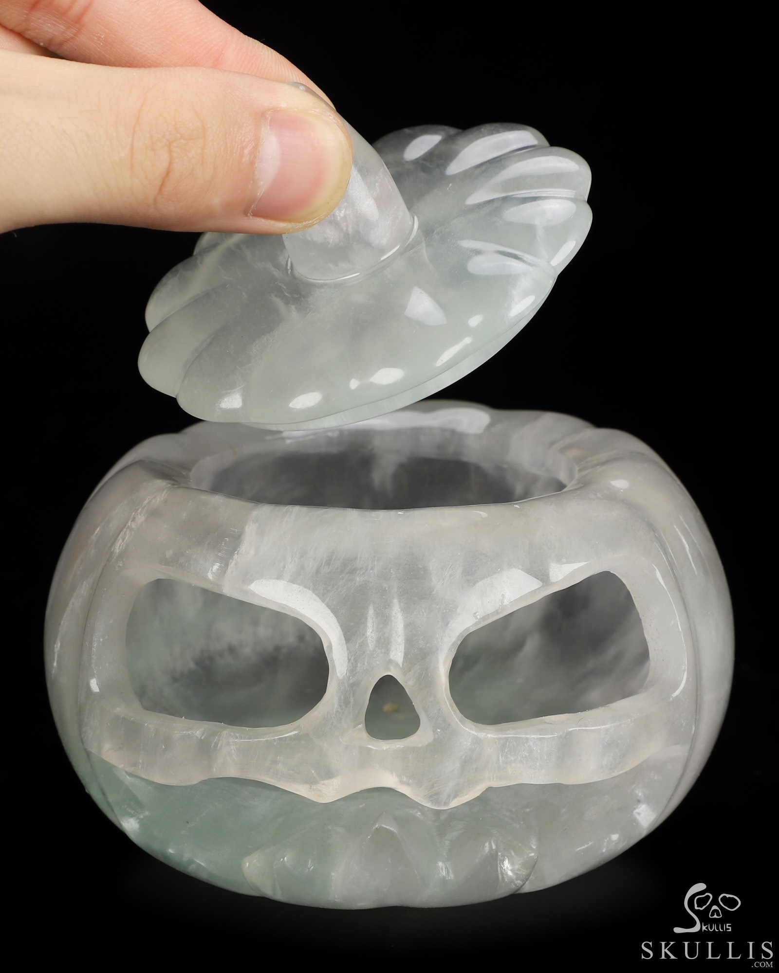 4.1" Fluorite Hand Carved Hollow Jack-O'-Lantern Pumpkin Crystal Skull Sculpture, Crystal Healing 4.1" Fluorite Hand Carved Hollow Jack-O'-Lantern Pumpkin Crystal Skull Sculpture, Crystal Healing