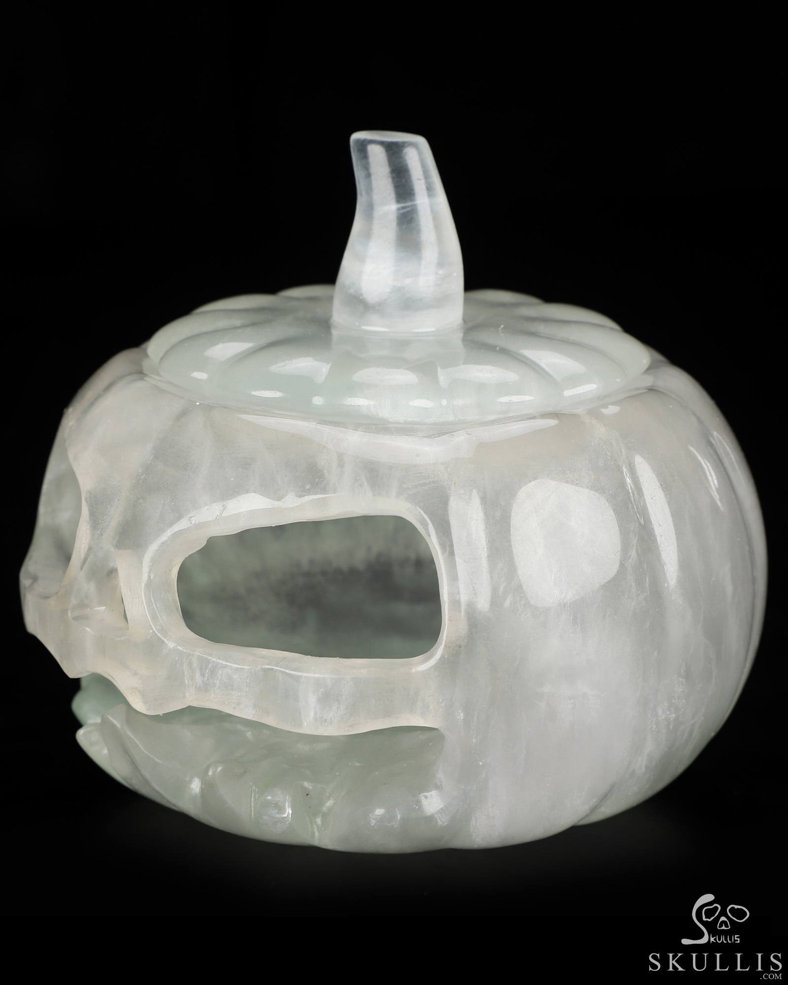4.1" Fluorite Hand Carved Hollow Jack-O'-Lantern Pumpkin Crystal Skull Sculpture, Crystal Healing 4.1" Fluorite Hand Carved Hollow Jack-O'-Lantern Pumpkin Crystal Skull Sculpture, Crystal Healing