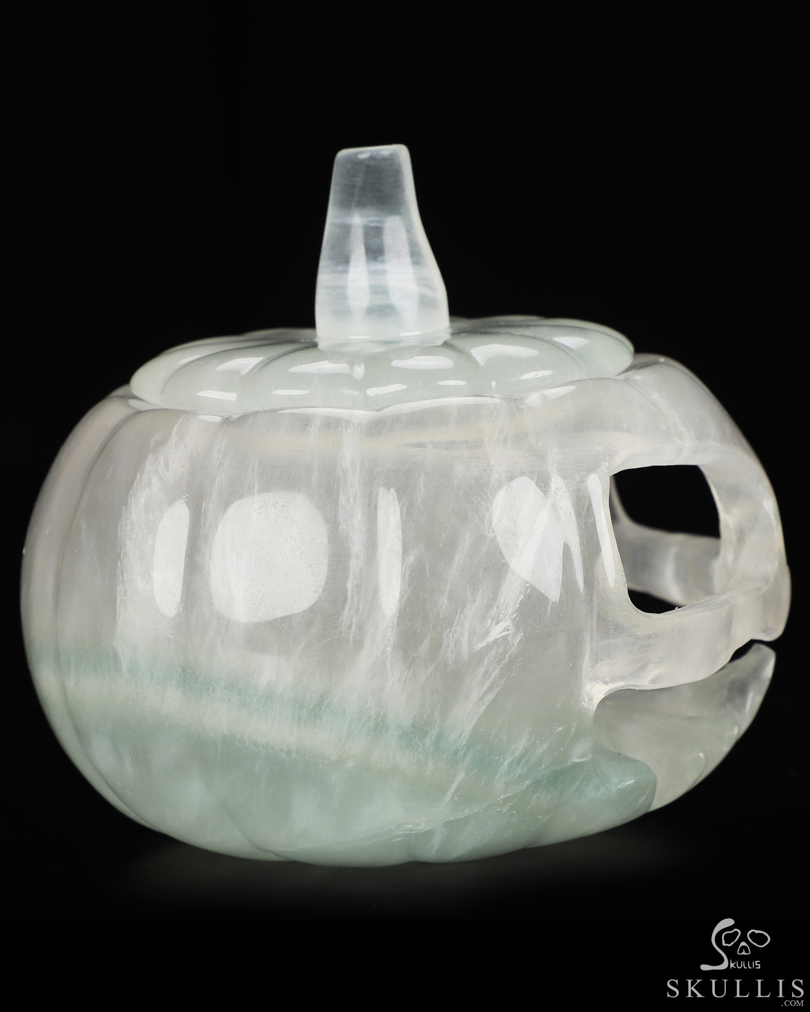4.1" Fluorite Hand Carved Hollow Jack-O'-Lantern Pumpkin Crystal Skull Sculpture, Crystal Healing 4.1" Fluorite Hand Carved Hollow Jack-O'-Lantern Pumpkin Crystal Skull Sculpture, Crystal Healing