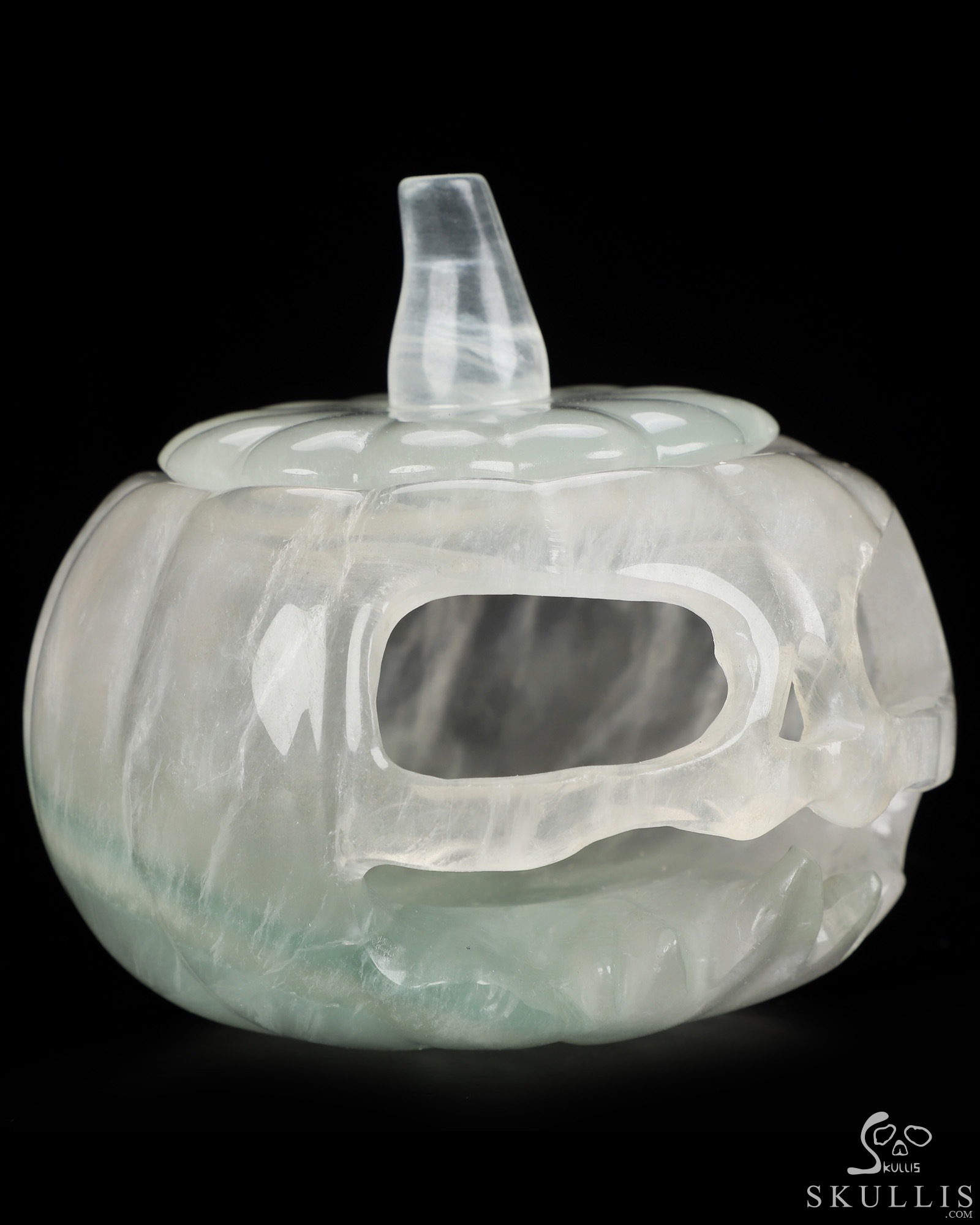 4.1" Fluorite Hand Carved Hollow Jack-O'-Lantern Pumpkin Crystal Skull Sculpture, Crystal Healing 4.1" Fluorite Hand Carved Hollow Jack-O'-Lantern Pumpkin Crystal Skull Sculpture, Crystal Healing