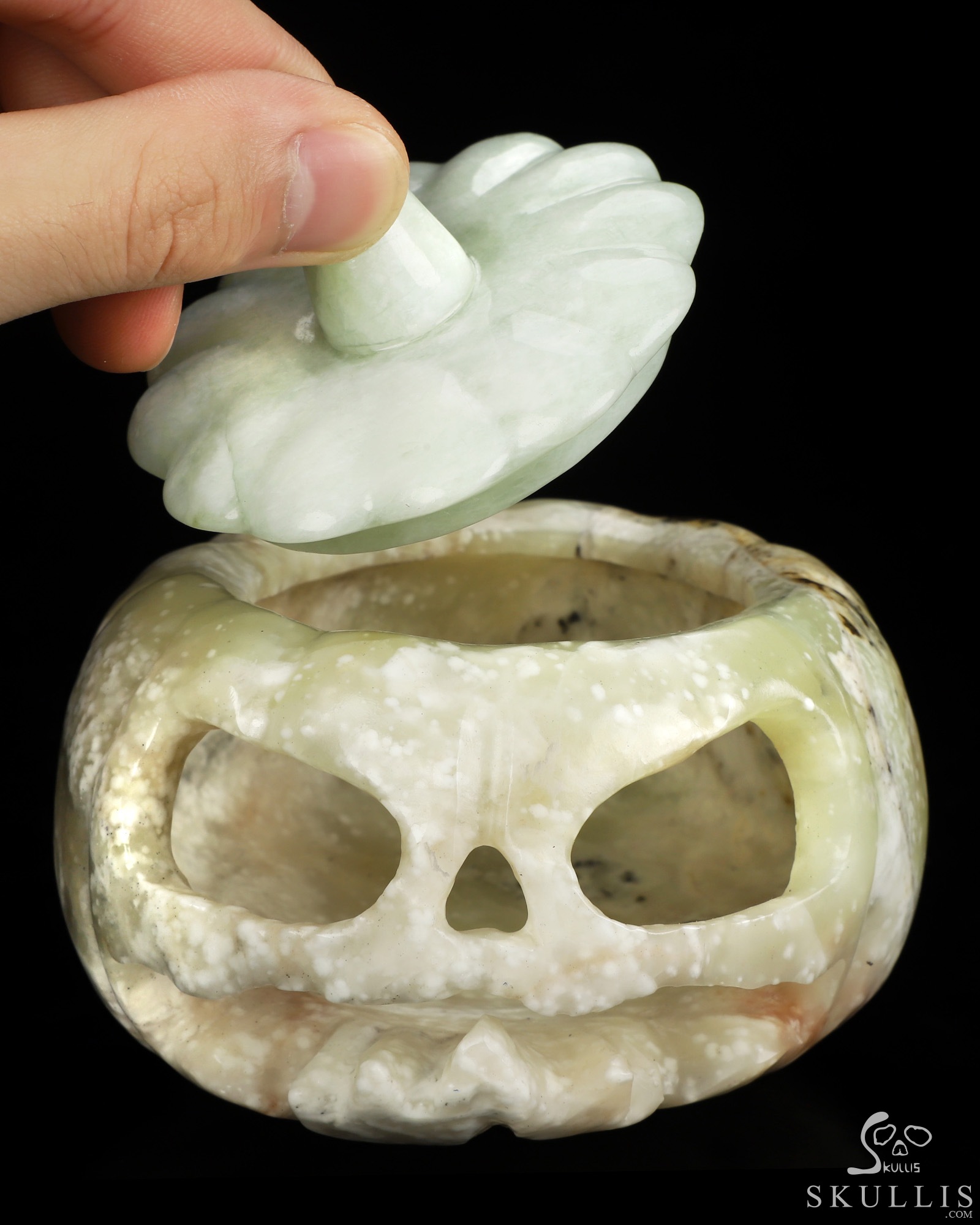 4.1" Chinese Amazonite Hand Carved Hollow Jack-O'-Lantern Pumpkin Crystal Skull Sculpture, Crystal Healing 4.1" Chinese Amazonite Hand Carved Hollow Jack-O'-Lantern Pumpkin Crystal Skull Sculpture, Crystal Healing