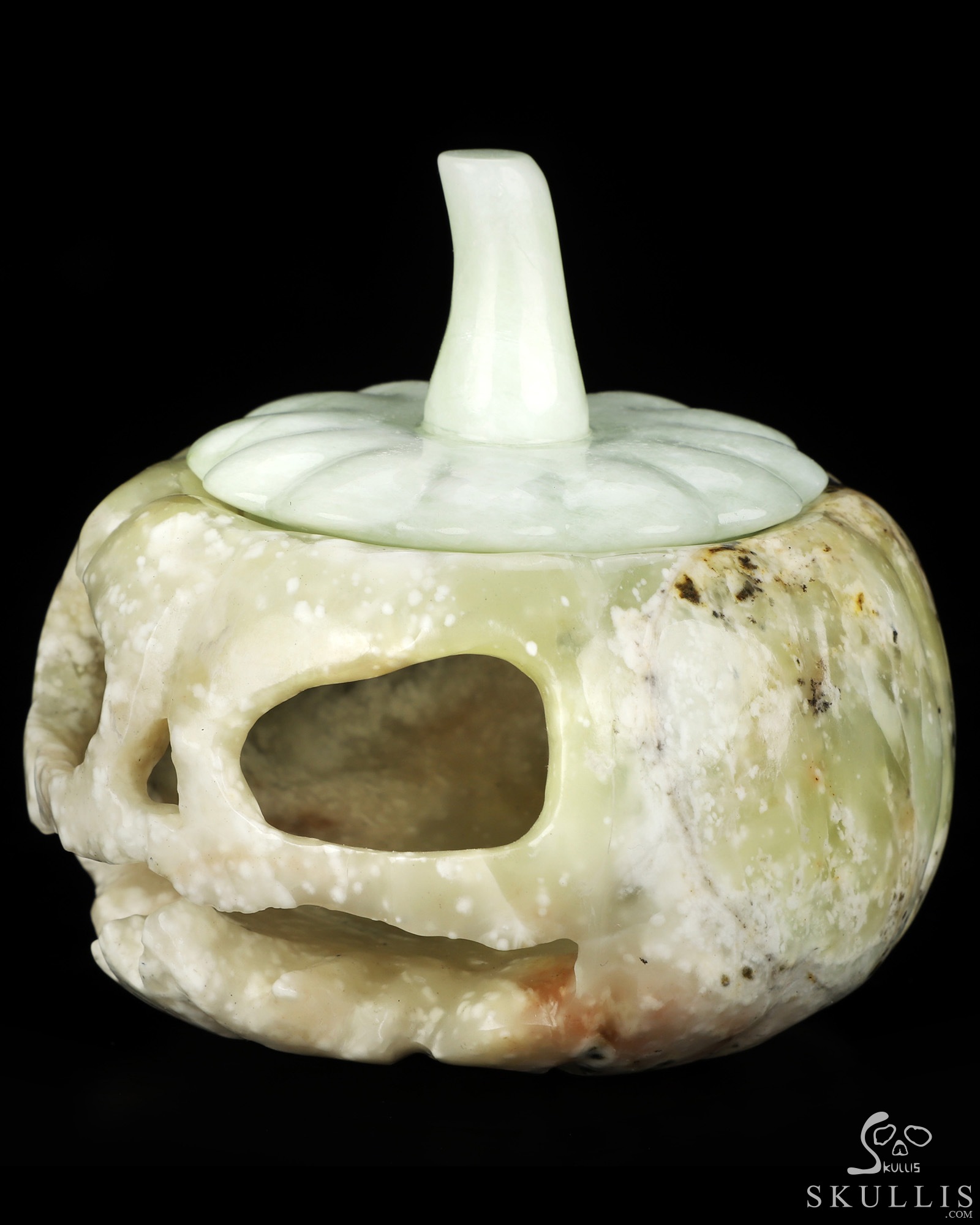 4.1" Chinese Amazonite Hand Carved Hollow Jack-O'-Lantern Pumpkin Crystal Skull Sculpture, Crystal Healing 4.1" Chinese Amazonite Hand Carved Hollow Jack-O'-Lantern Pumpkin Crystal Skull Sculpture, Crystal Healing