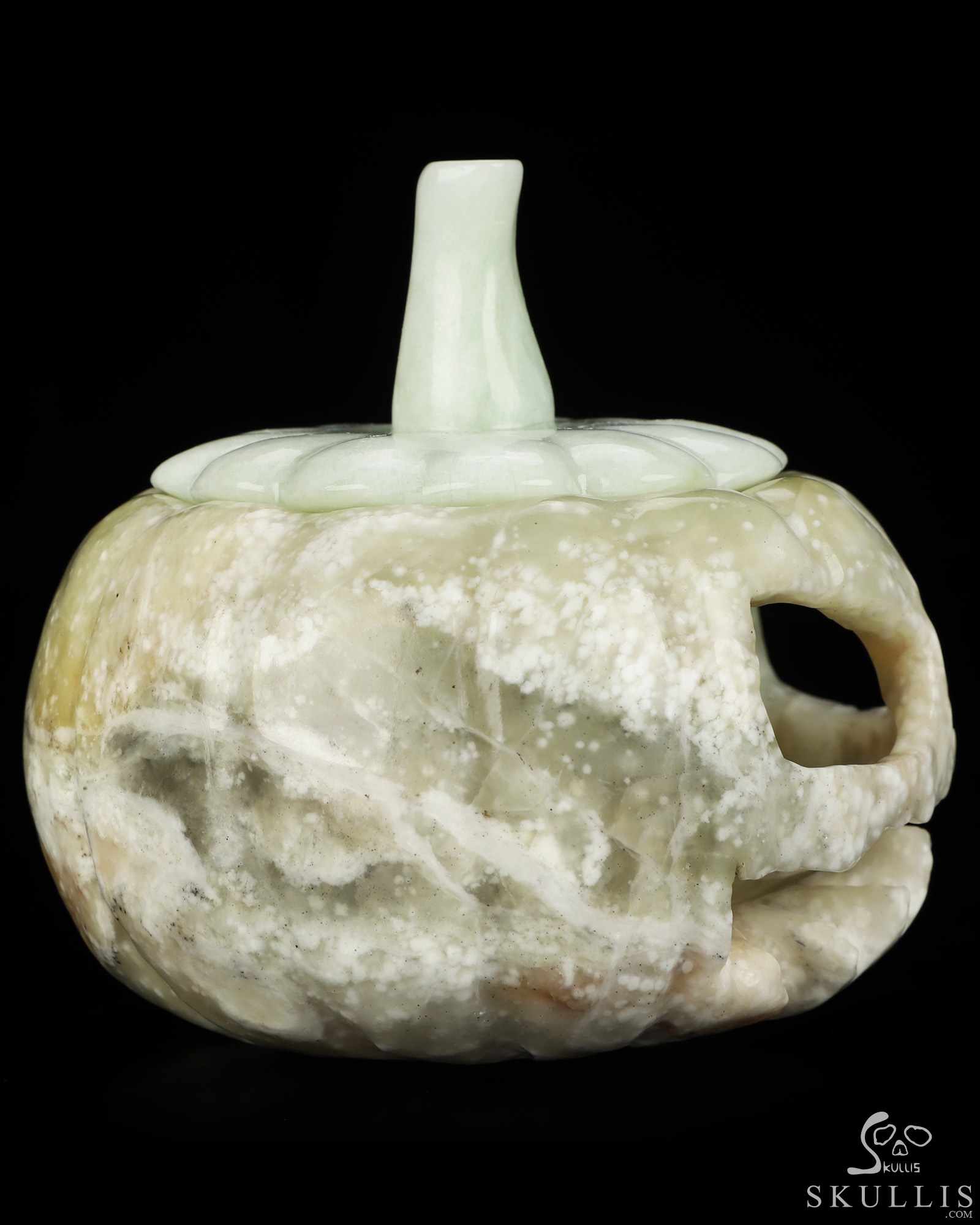 4.1" Chinese Amazonite Hand Carved Hollow Jack-O'-Lantern Pumpkin Crystal Skull Sculpture, Crystal Healing 4.1" Chinese Amazonite Hand Carved Hollow Jack-O'-Lantern Pumpkin Crystal Skull Sculpture, Crystal Healing