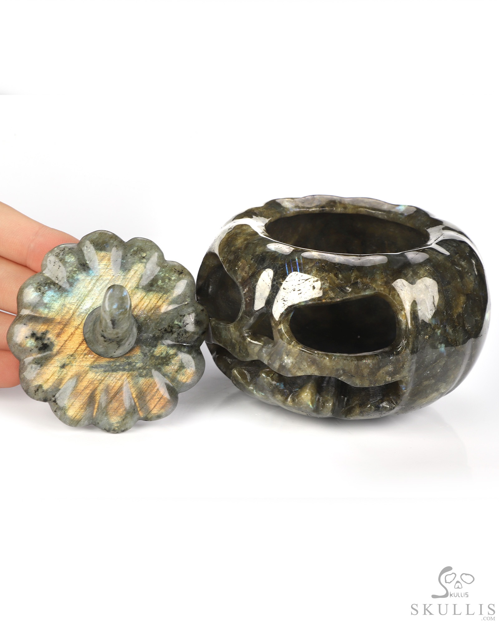 4.1" Labradorite Hand Carved Hollow Jack-O'-Lantern Pumpkin Crystal Skull Sculpture, Crystal Healing 4.1" Labradorite Hand Carved Hollow Jack-O'-Lantern Pumpkin Crystal Skull Sculpture, Crystal Healing