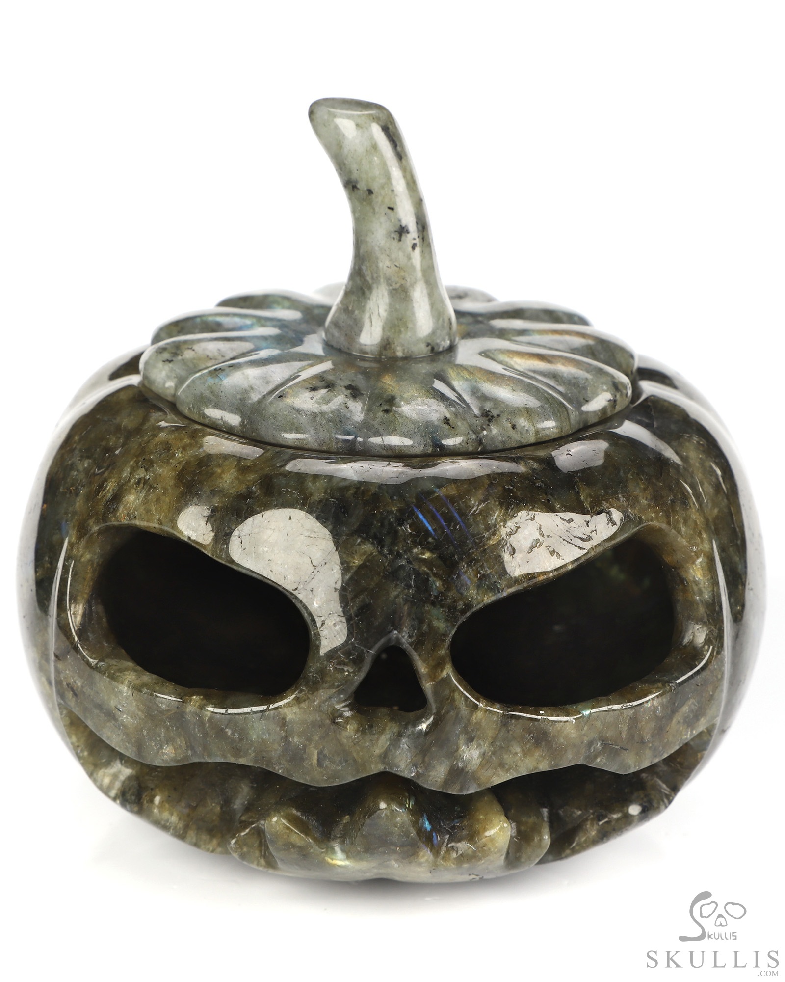 4.1" Labradorite Hand Carved Hollow Jack-O'-Lantern Pumpkin Crystal Skull Sculpture, Crystal Healing 4.1" Labradorite Hand Carved Hollow Jack-O'-Lantern Pumpkin Crystal Skull Sculpture, Crystal Healing