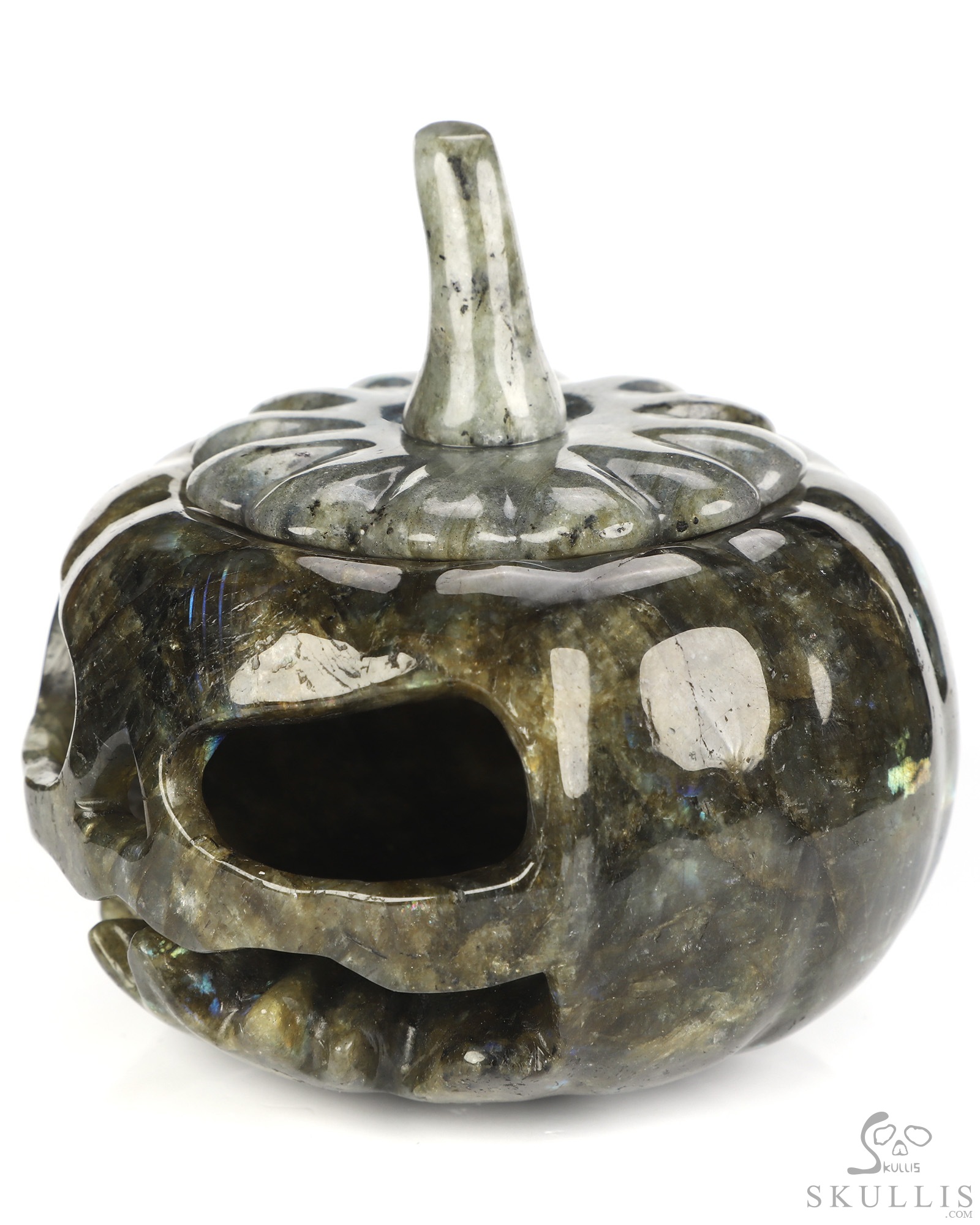 4.1" Labradorite Hand Carved Hollow Jack-O'-Lantern Pumpkin Crystal Skull Sculpture, Crystal Healing 4.1" Labradorite Hand Carved Hollow Jack-O'-Lantern Pumpkin Crystal Skull Sculpture, Crystal Healing