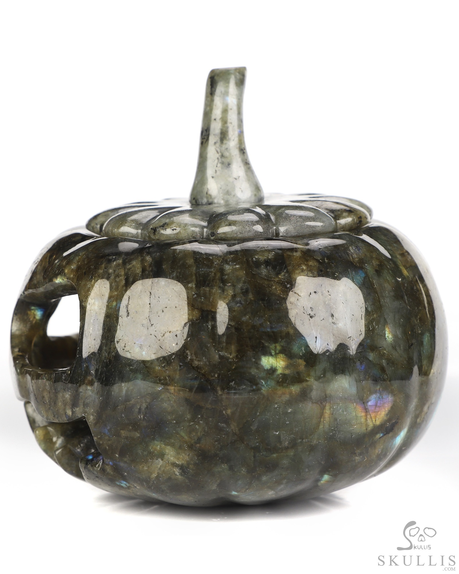 4.1" Labradorite Hand Carved Hollow Jack-O'-Lantern Pumpkin Crystal Skull Sculpture, Crystal Healing 4.1" Labradorite Hand Carved Hollow Jack-O'-Lantern Pumpkin Crystal Skull Sculpture, Crystal Healing