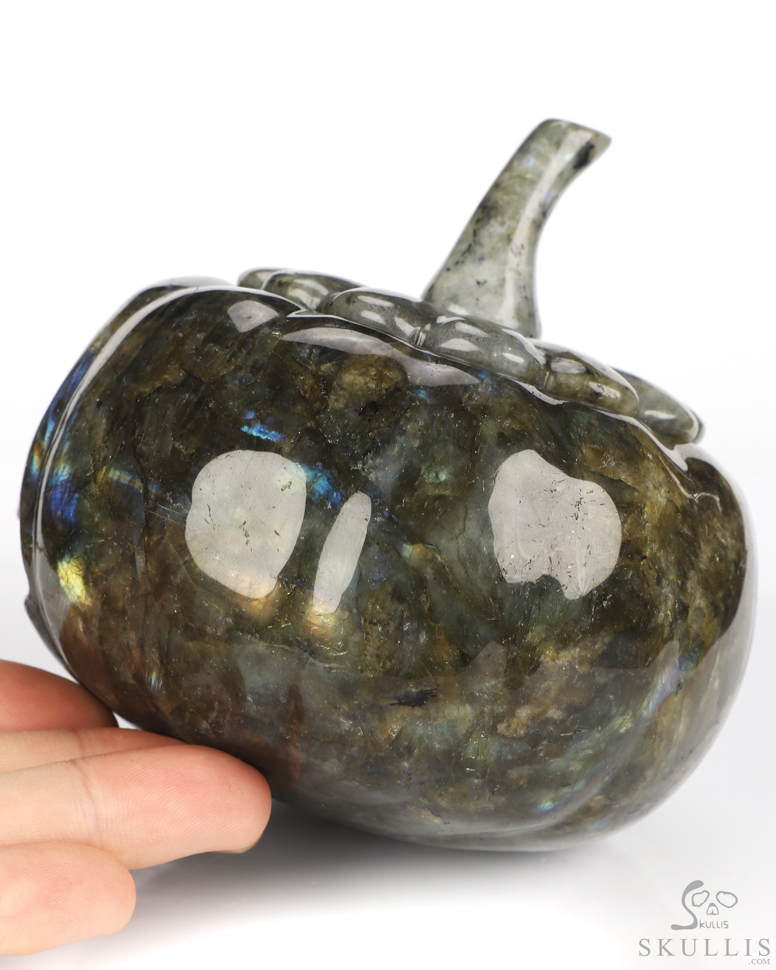 4.1" Labradorite Hand Carved Hollow Jack-O'-Lantern Pumpkin Crystal Skull Sculpture, Crystal Healing 4.1" Labradorite Hand Carved Hollow Jack-O'-Lantern Pumpkin Crystal Skull Sculpture, Crystal Healing