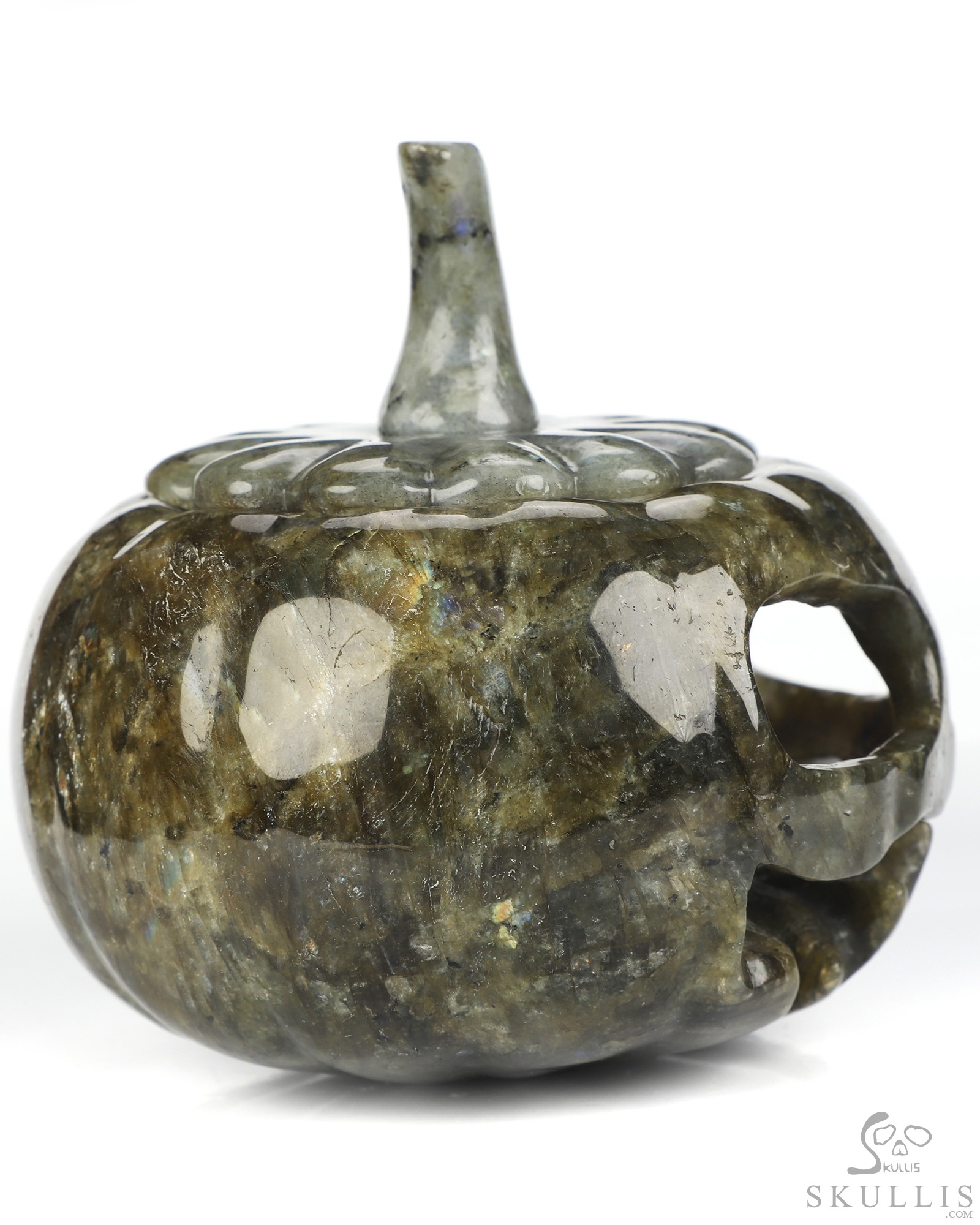 4.1" Labradorite Hand Carved Hollow Jack-O'-Lantern Pumpkin Crystal Skull Sculpture, Crystal Healing 4.1" Labradorite Hand Carved Hollow Jack-O'-Lantern Pumpkin Crystal Skull Sculpture, Crystal Healing