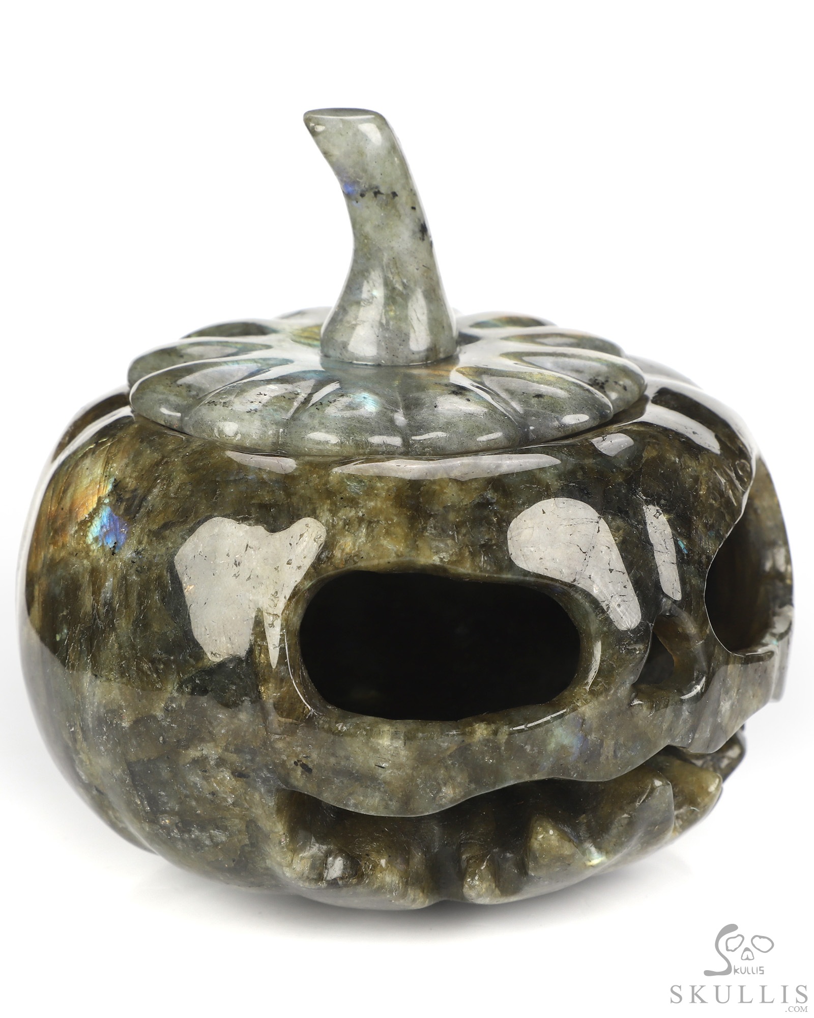 4.1" Labradorite Hand Carved Hollow Jack-O'-Lantern Pumpkin Crystal Skull Sculpture, Crystal Healing 4.1" Labradorite Hand Carved Hollow Jack-O'-Lantern Pumpkin Crystal Skull Sculpture, Crystal Healing