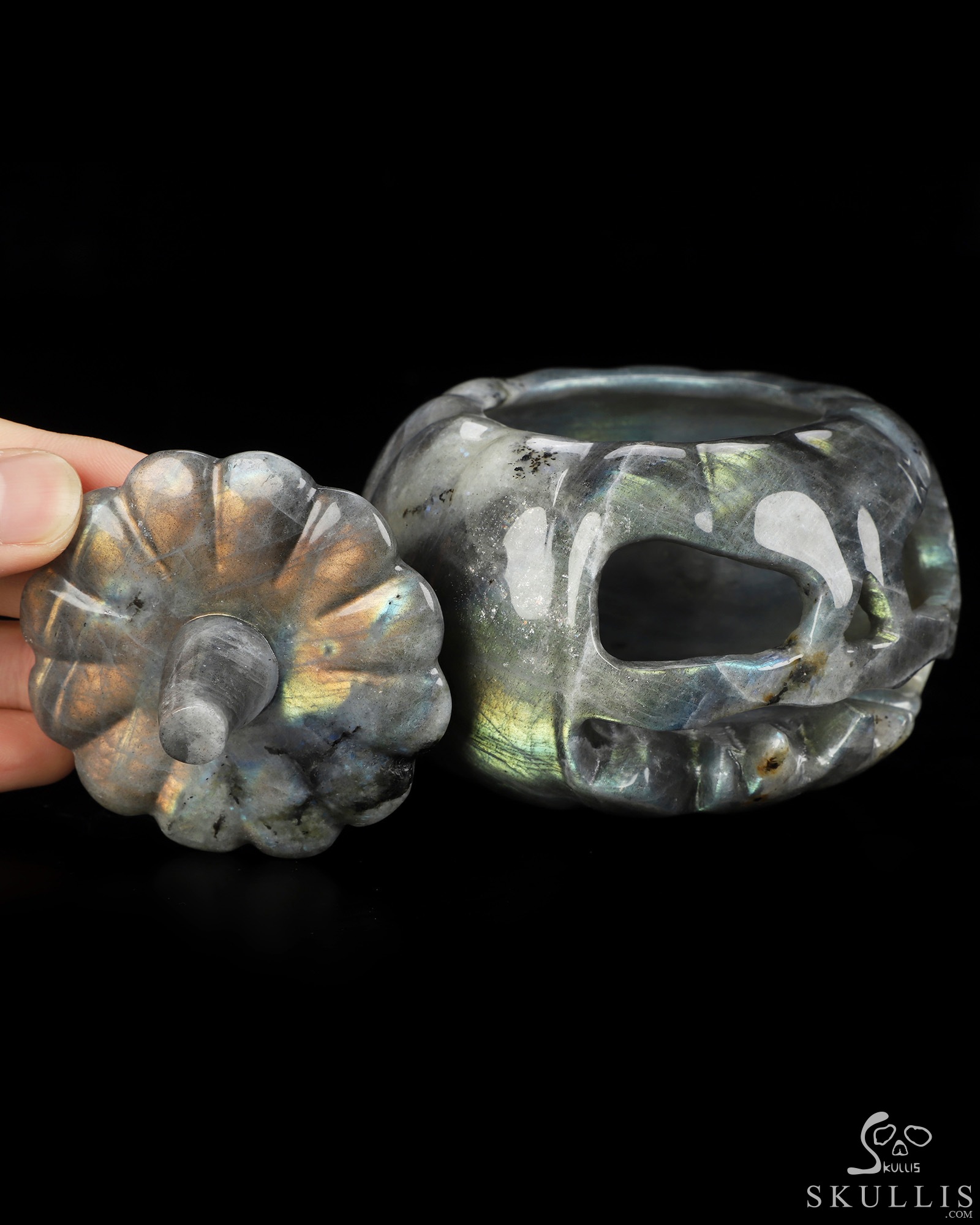 4.1" Labradorite Hand Carved Hollow Jack-O'-Lantern Pumpkin Crystal Skull Sculpture, Crystal Healing 4.1" Labradorite Hand Carved Hollow Jack-O'-Lantern Pumpkin Crystal Skull Sculpture, Crystal Healing