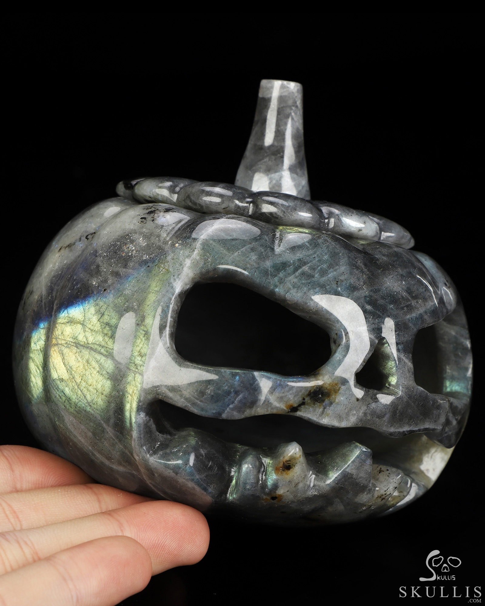 4.1" Labradorite Hand Carved Hollow Jack-O'-Lantern Pumpkin Crystal Skull Sculpture, Crystal Healing 4.1" Labradorite Hand Carved Hollow Jack-O'-Lantern Pumpkin Crystal Skull Sculpture, Crystal Healing