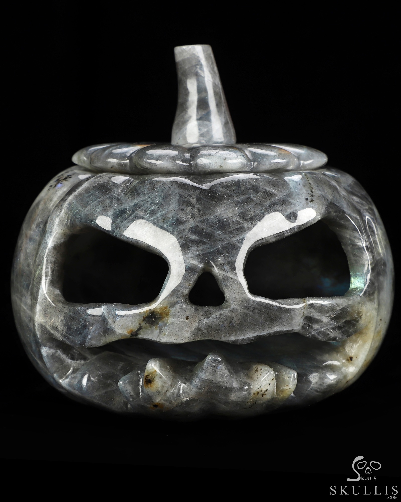4.1" Labradorite Hand Carved Hollow Jack-O'-Lantern Pumpkin Crystal Skull Sculpture, Crystal Healing 4.1" Labradorite Hand Carved Hollow Jack-O'-Lantern Pumpkin Crystal Skull Sculpture, Crystal Healing